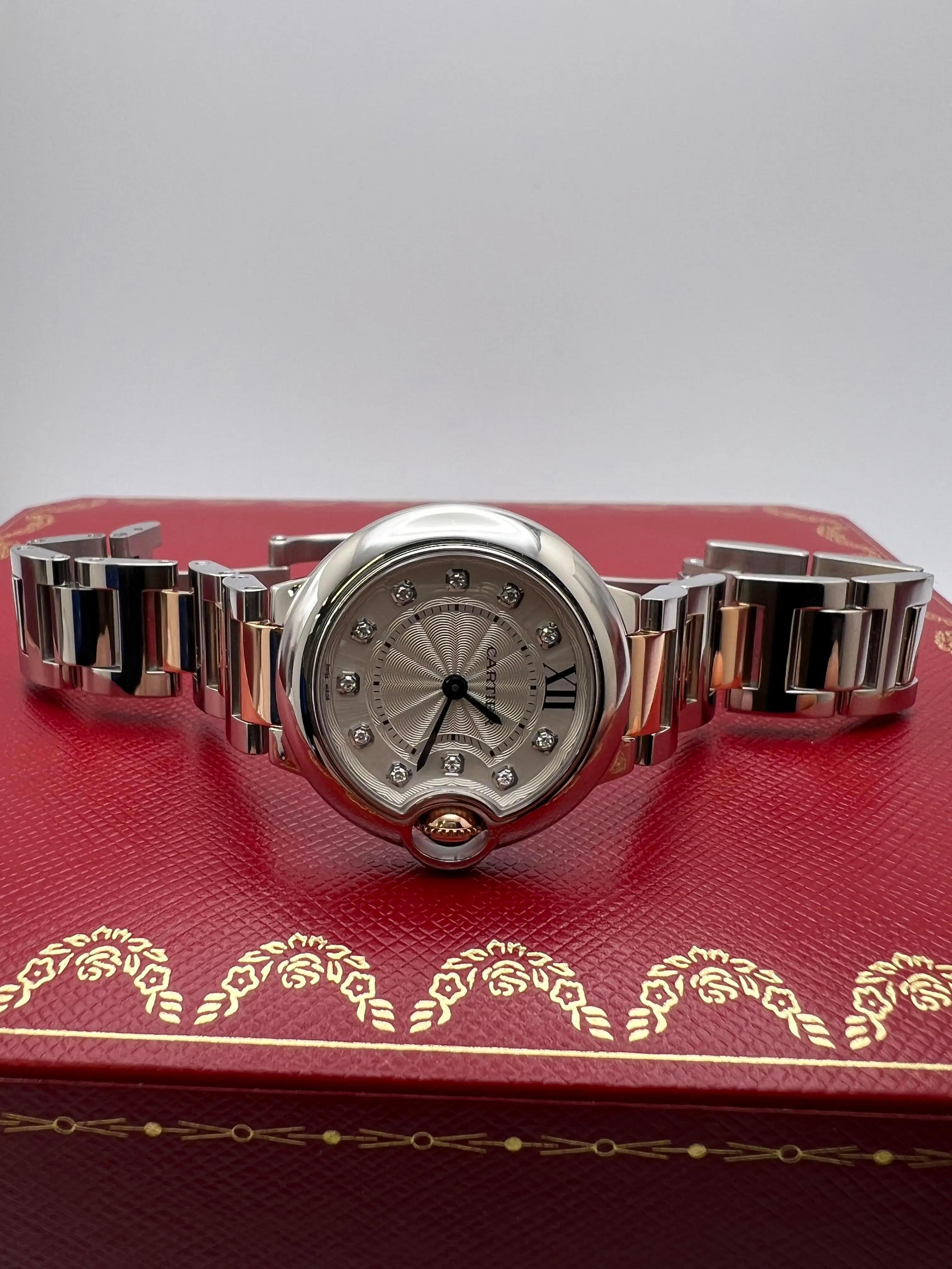 Cartier Ballon Bleu 28mm WE902030 18K Rose Steel Silver Diamond Dial In Excellent Condition For Sale In New York, NY