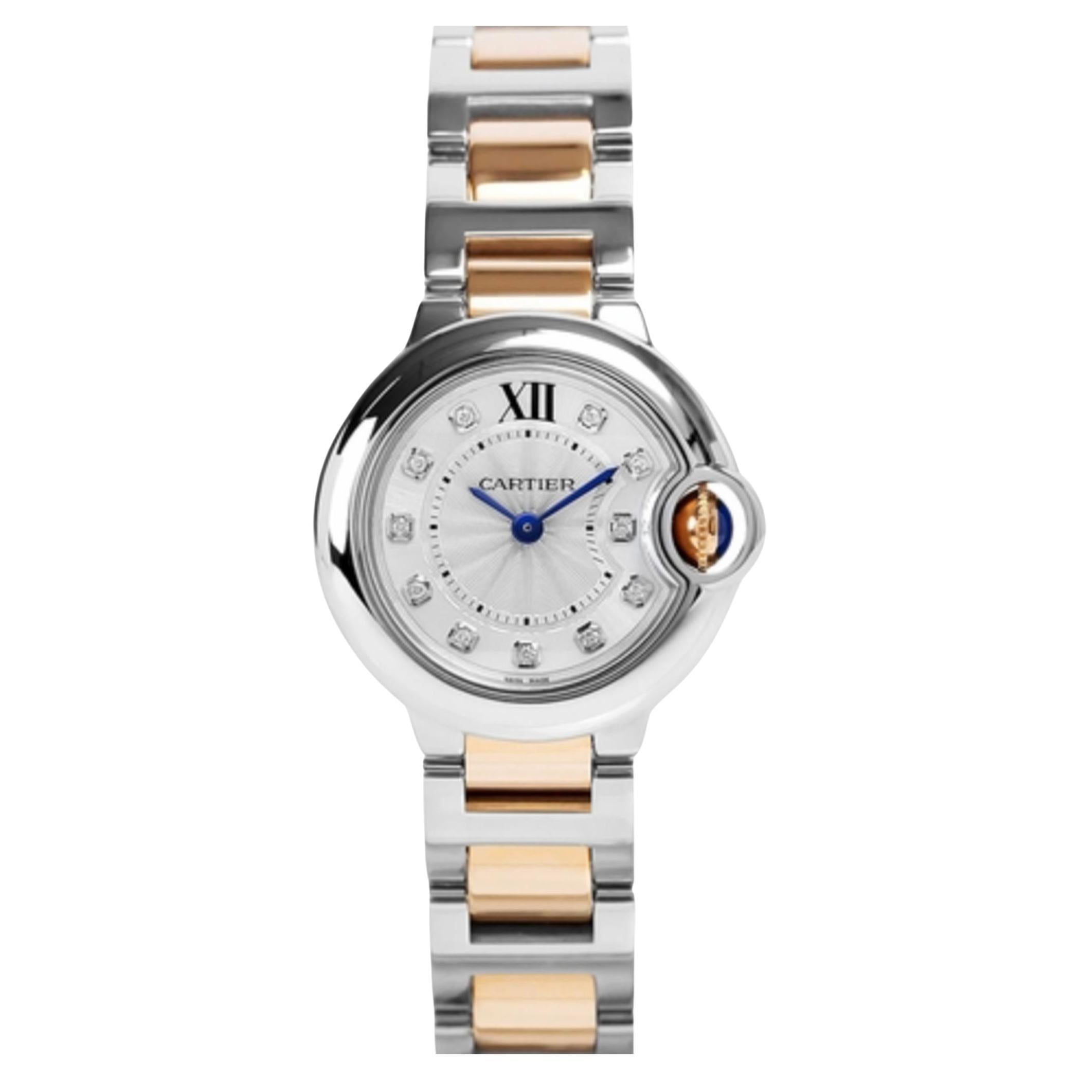 Cartier Ballon Bleu 28mm WE902030 Acero Rosa 18K Esfera plateada con diamantes