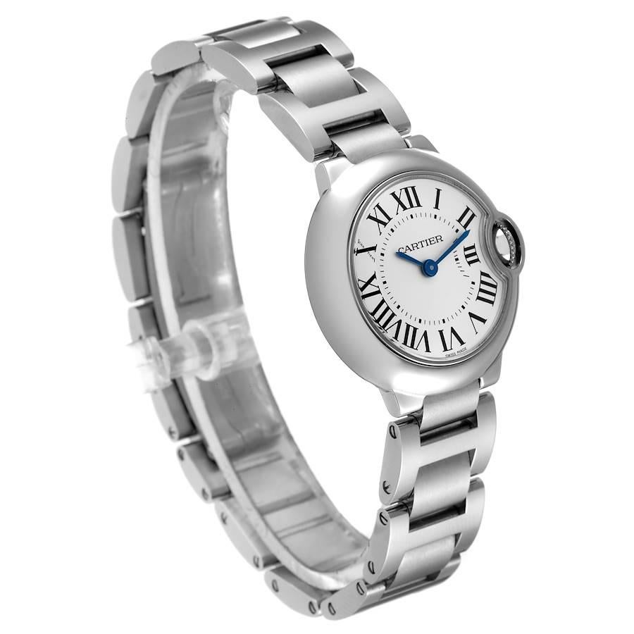 Cartier Ballon Bleu 29 Silber Zifferblatt Quarz Stahl Damenuhr W69010Z4 Box Kartenetui im Zustand „Hervorragend“ im Angebot in Atlanta, GA