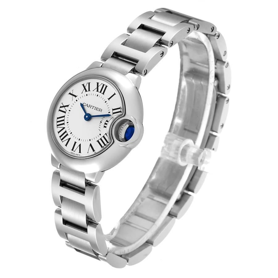 Cartier Ballon Bleu 29 Silber Zifferblatt Quarz Stahl Damenuhr W69010Z4 Box Kartenetui im Angebot 1