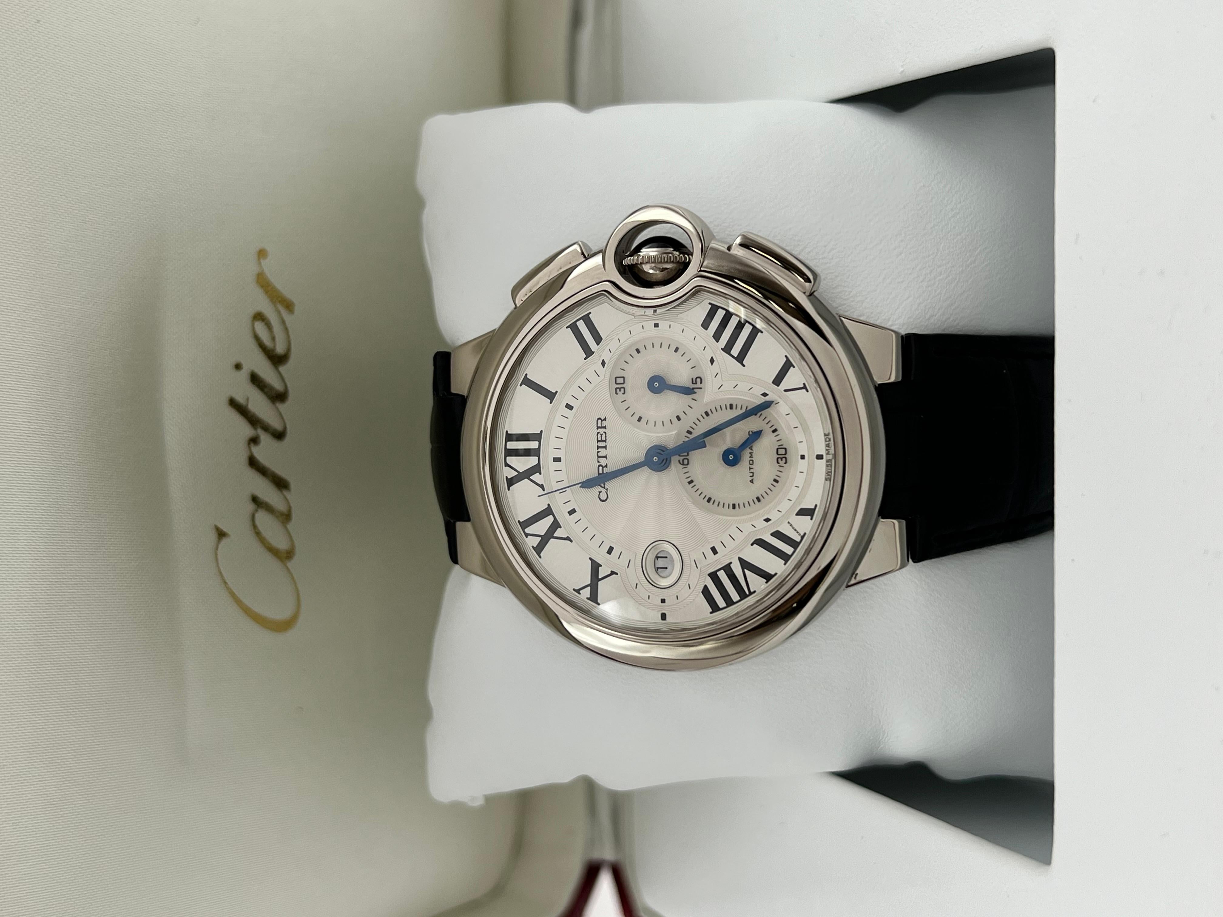 Cartier Ballon Bleu 3195 W6920005 42mm Chronographe en or blanc 18K Boîte papier Excellent état - En vente à San Diego, CA