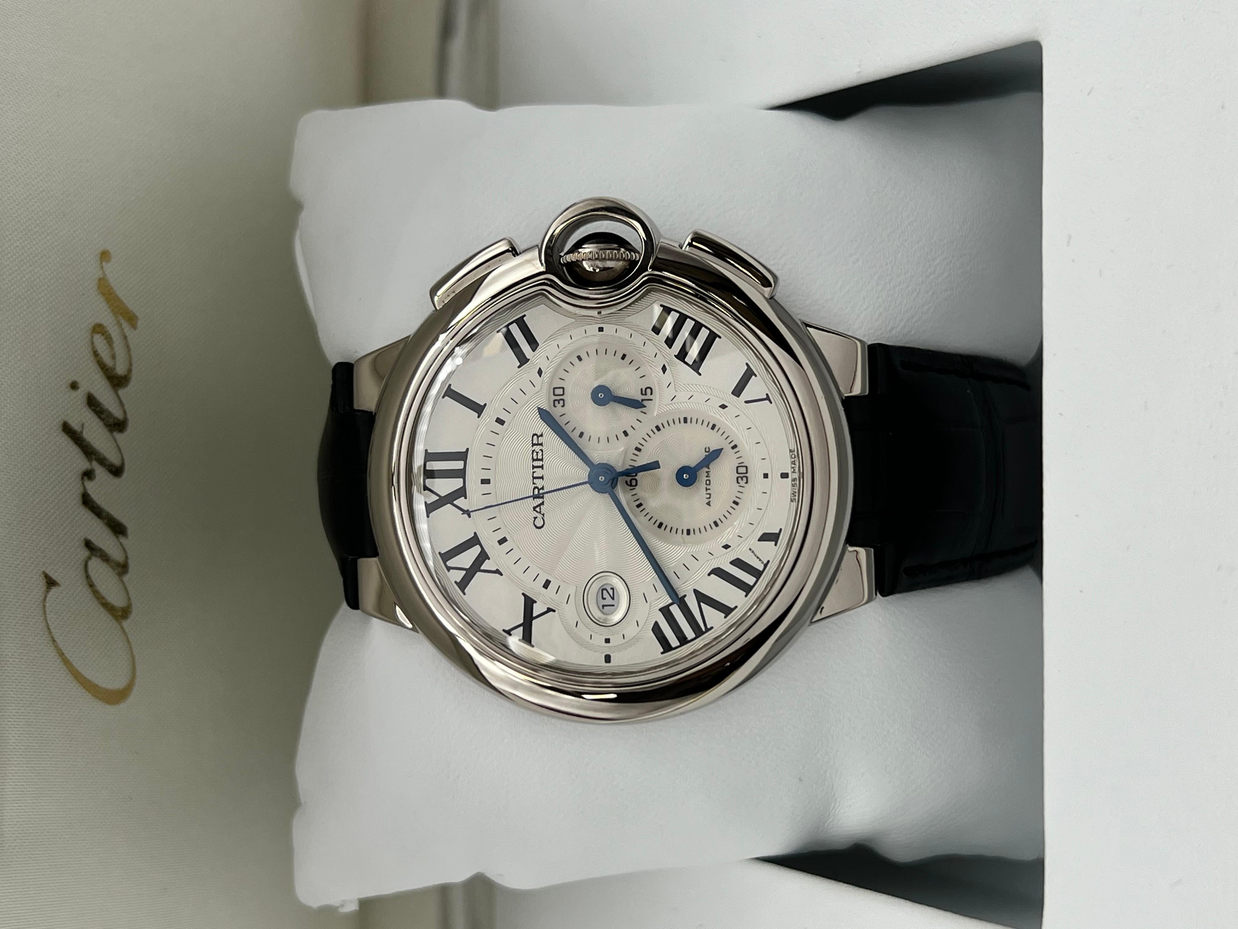 Cartier Ballon Bleu 3195 W6920005 42mm Chronographe en or blanc 18K Boîte papier Pour hommes en vente