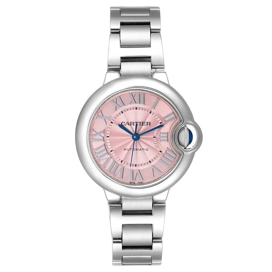 Cartier Ballon Bleu 33 Midsize Steel Pink Dial Ladies Watch W6920100 Box Papers. Automatic self-winding movement. Caliber 076. Round stainless steel case 33.0 mm in diameter. Fluted crown set with the blue spinel cabochon. Stainless steel smooth