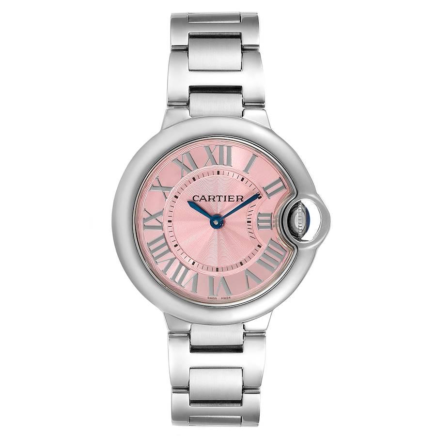 Cartier Ballon Bleu 33 Pink Dial Steel Ladies Watch WSBB0033. Quartz movement. Round stainless steel case 33 mm in diameter. Fluted crown set with the blue spinel cabochon. Stainless steel smooth bezel. Scratch resistant sapphire crystal. Pink
