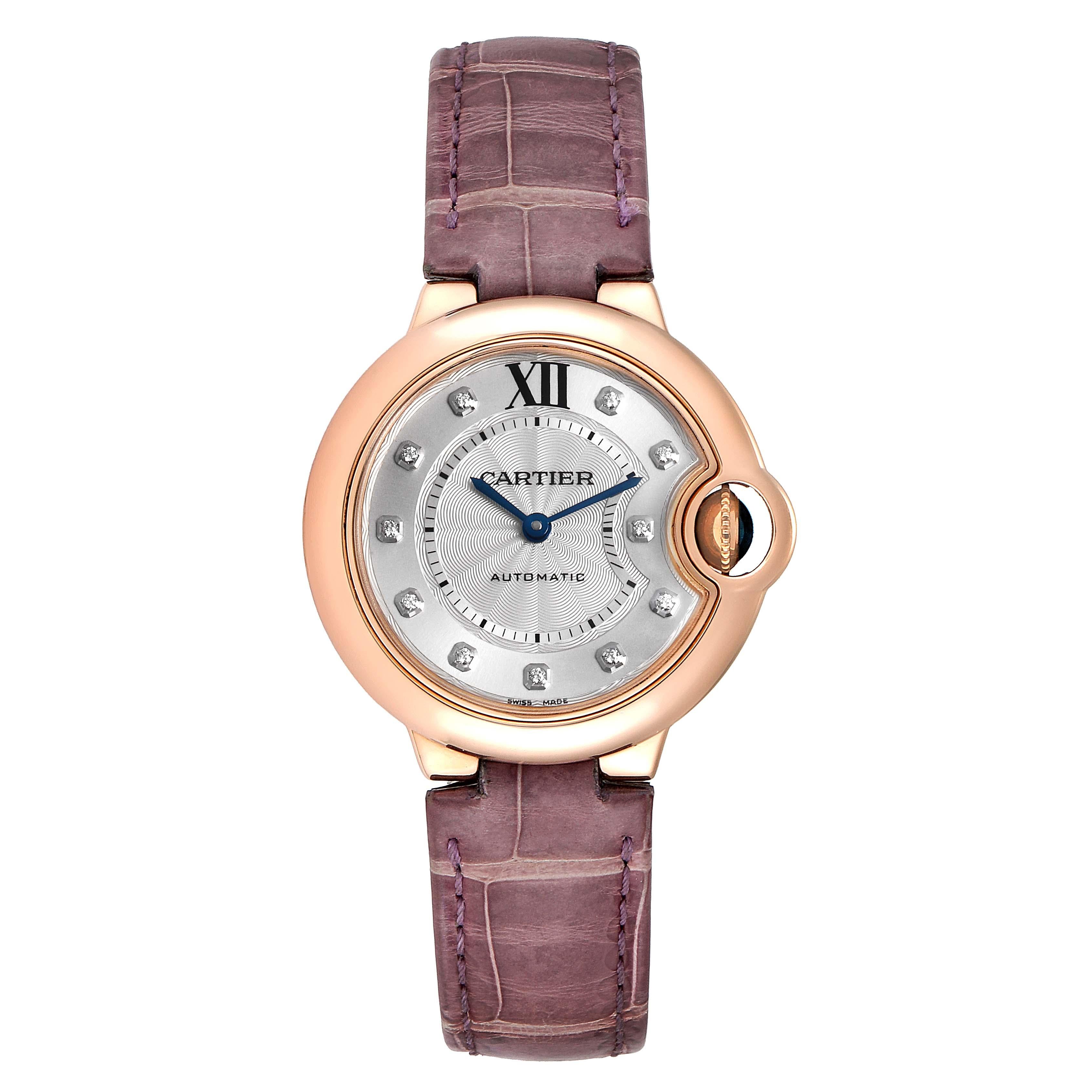 Cartier Ballon Bleu 33 Rose Gold Diamond Ladies Watch WE902063 Box Papers. Automatic self-winding movement. Caliber 076. Round 18K rose gold case 33mm in diameter. Fluted crown set with the blue sapphire cabochon. 18K rose gold smooth bezel. Scratch
