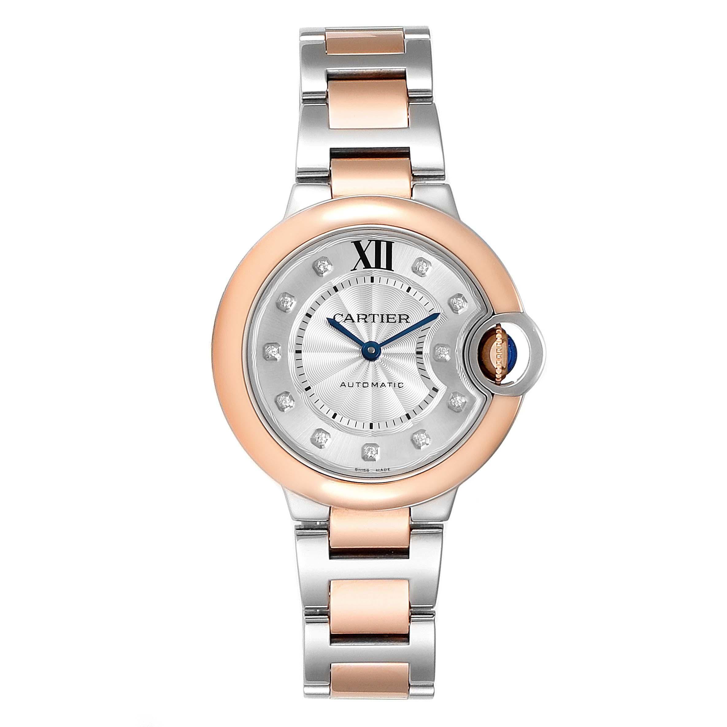 Cartier Ballon Bleu 33 Steel Rose Gold Diamond Ladies Watch WE902061. Automatic self-winding movement. Caliber 076. Round stainless steel and 18K rose gold case 33 mm in diameter. Fluted crown set with the blue spinel cabochon. 18K rose gold smooth