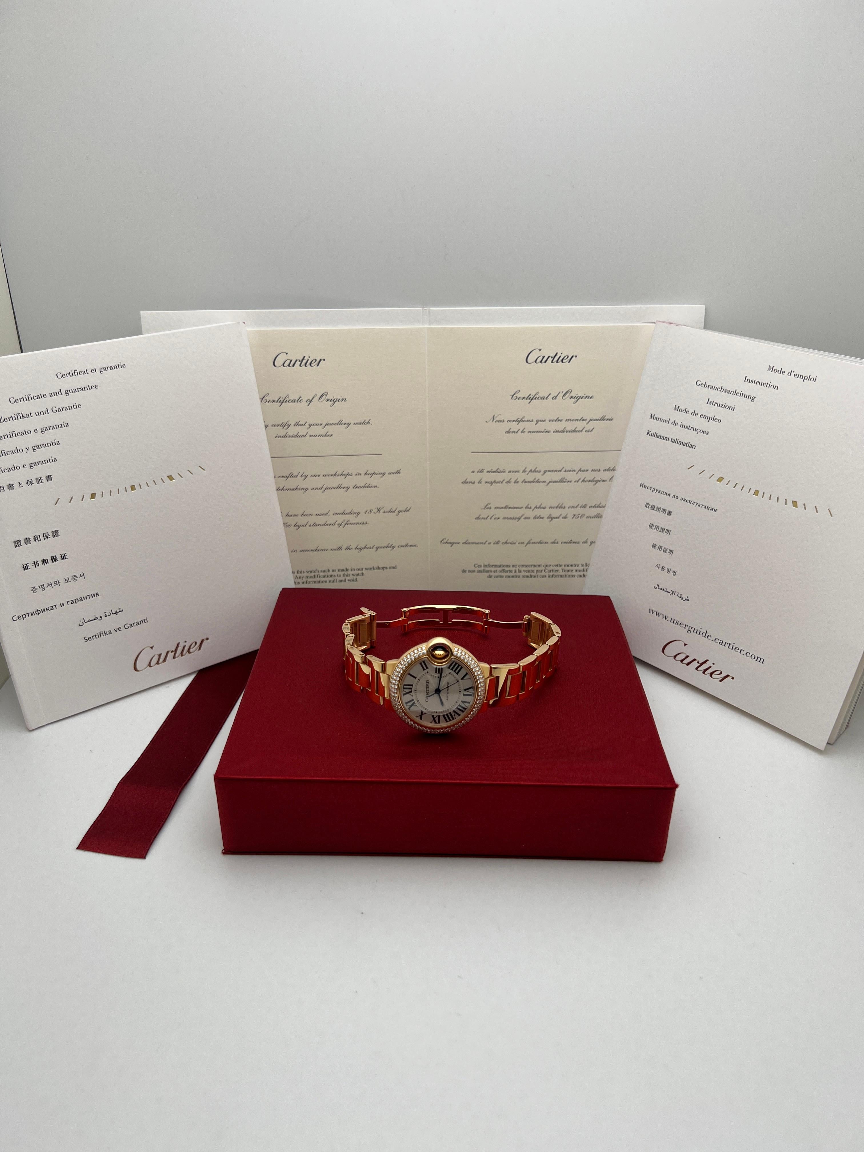 Cartier Ballon Bleu 33mm 18K Oro Rosa Bisel Fábrica Diamante WE902064 Caja Papeles Corte redondo en venta