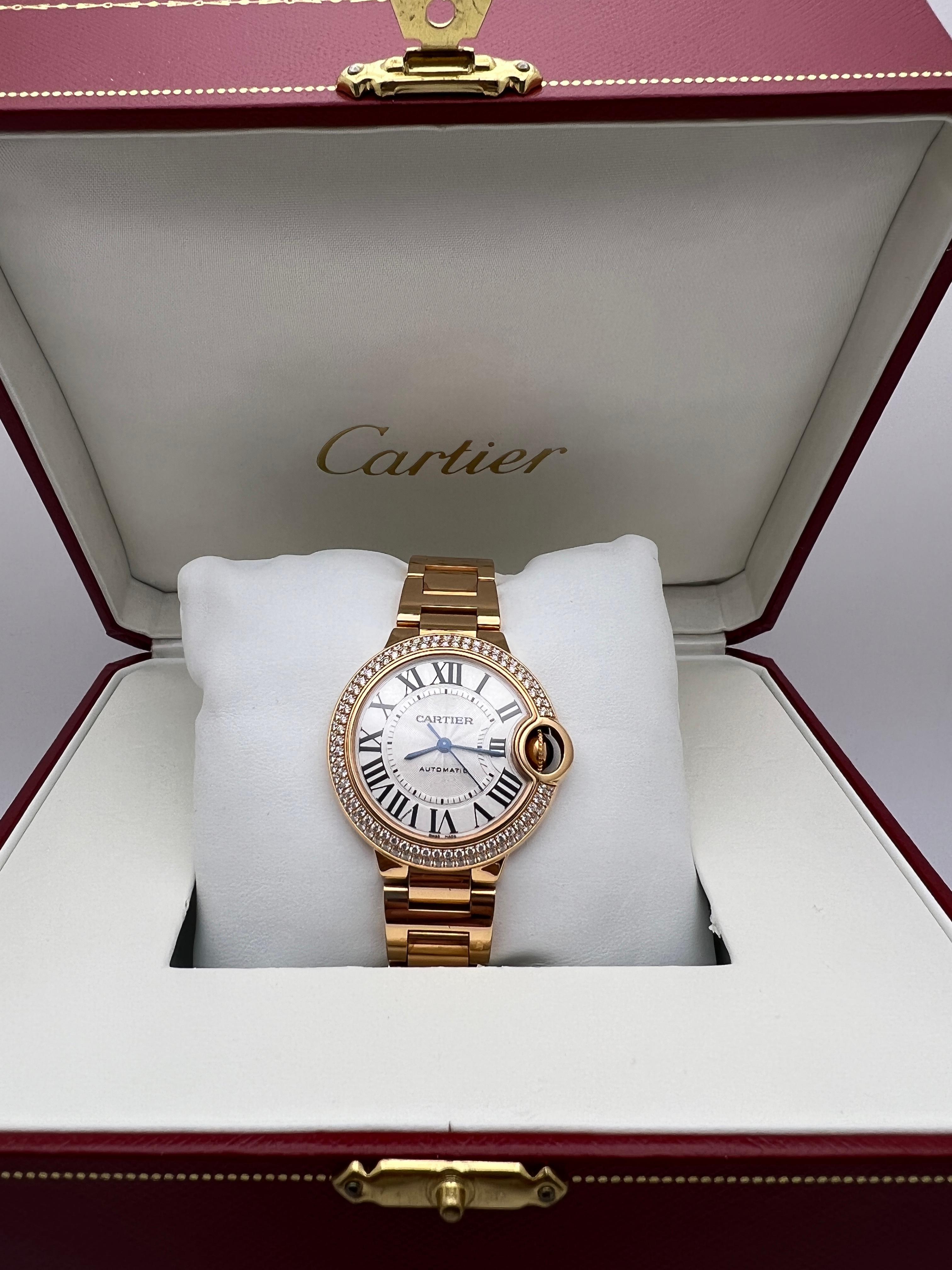 Cartier Ballon Bleu 33mm 18K Oro Rosa Bisel Fábrica Diamante WE902064 Caja Papeles en Excelente estado para la venta en New York, NY