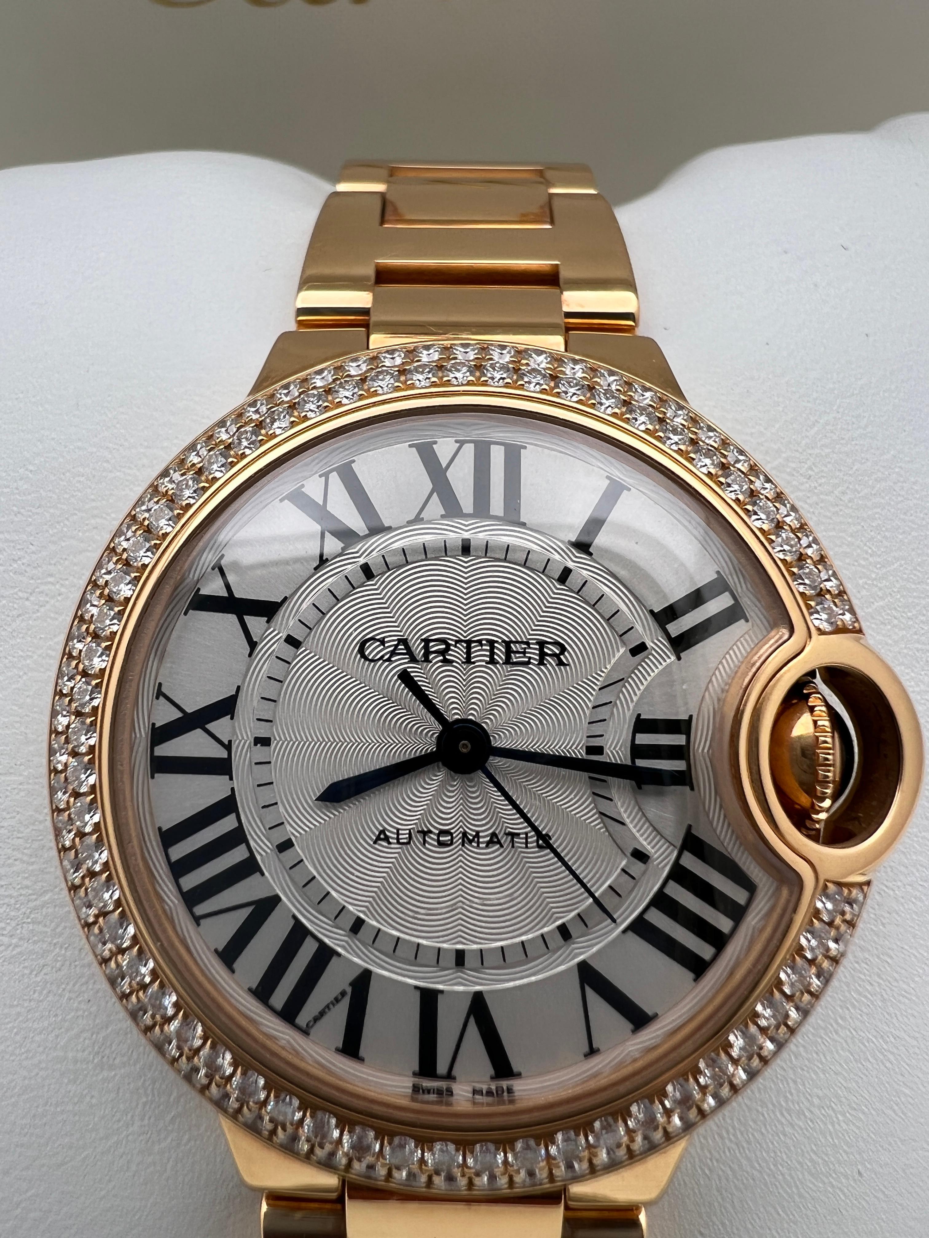 Femenino o masculino Cartier Ballon Bleu 33mm 18K Oro Rosa Bisel Fábrica Diamante WE902064 Caja Papeles en venta
