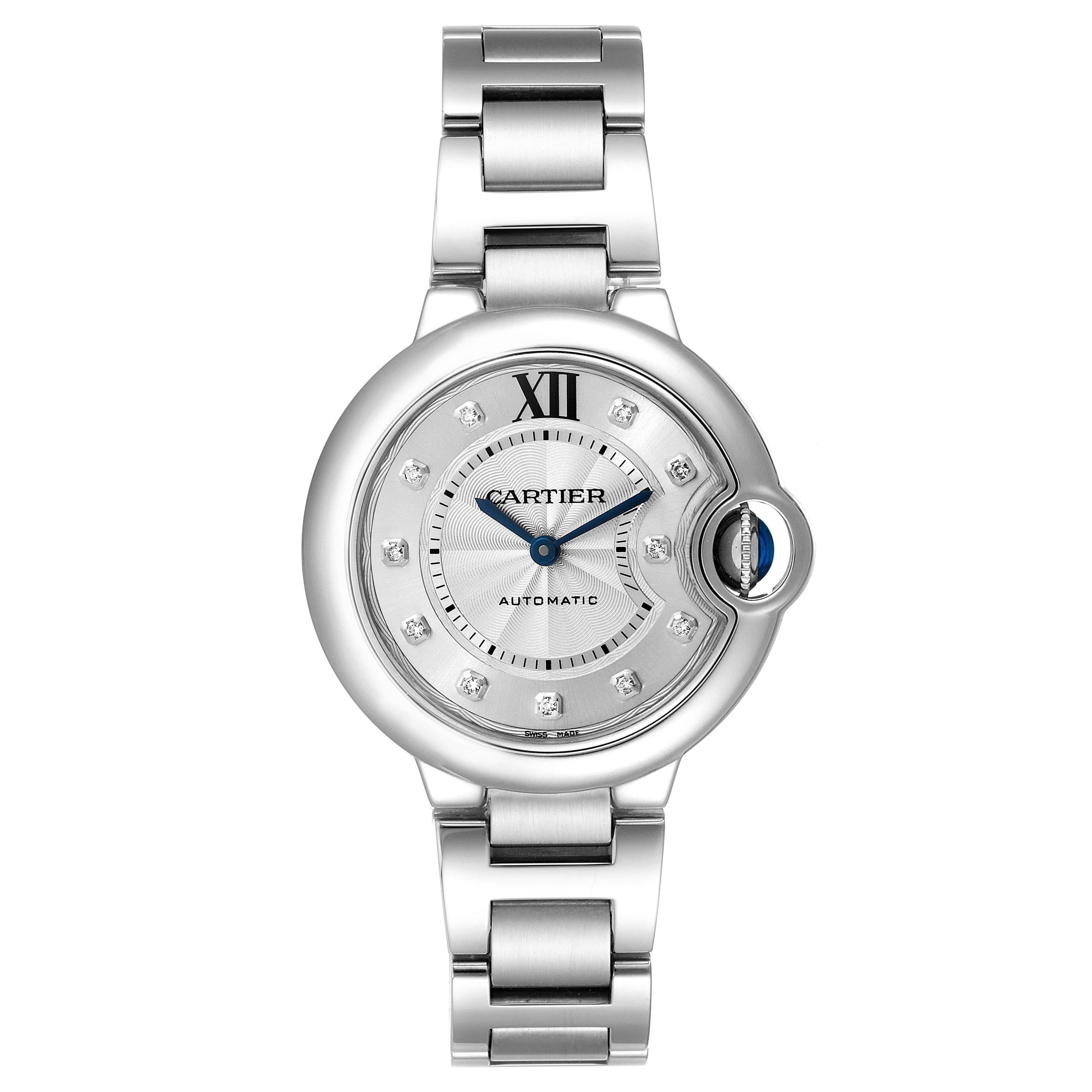 Cartier Ballon Bleu 33mm Automatic Diamond Steel Watch WE902074 Box Papers. Automatic self-winding movement. Caliber 076. Round stainless steel case 33 mm in diameter. Fluted crown set with the blue spinel cabochon. Stainless steel smooth bezel.
