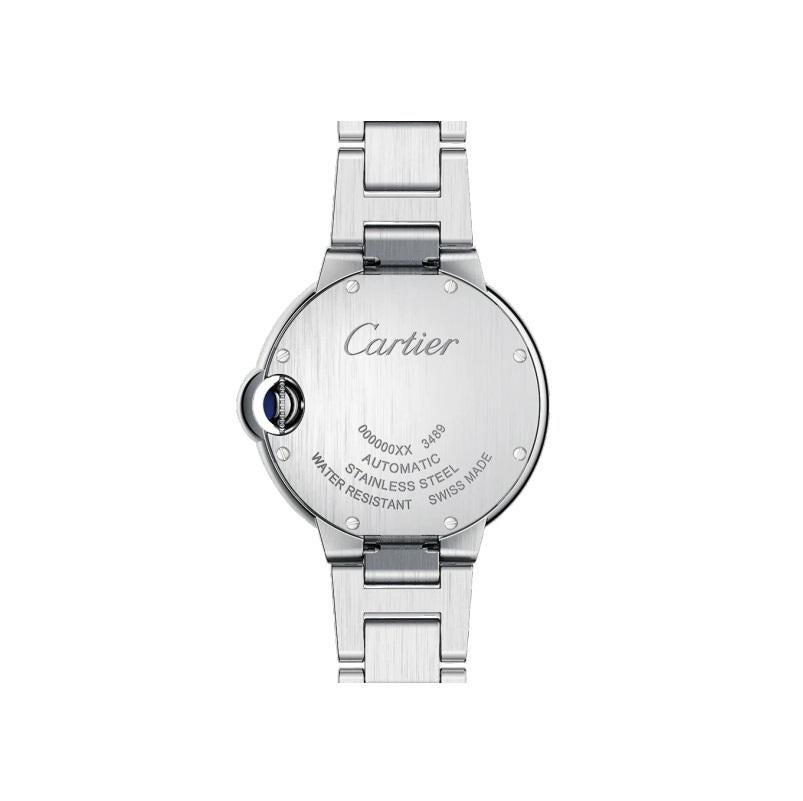 Ballon Bleu de Cartier watch, 33 mm, mechanical movement with automatic winding. Steel case, fluted crown decorated with a synthetic spinel cabochon, silvered guilloché opaline dial, Roman numerals, blued-steel sword-shaped hands, sapphire crystal,