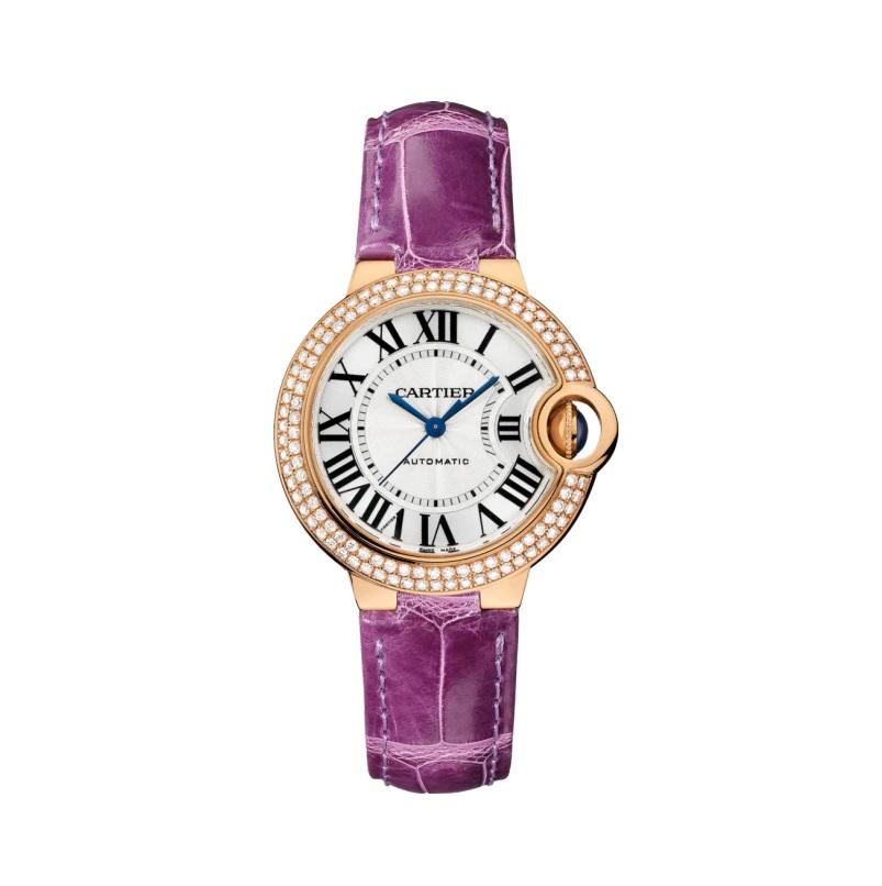 Ballon Bleu de Cartier watch, 33 mm, mechanical movement with automatic winding. 18K pink gold case set with 115 brilliant-cut diamonds totaling 0.94 carat. Fluted crown set with a cabochon sapphire. Silver guilloché lacquered opaline dial.