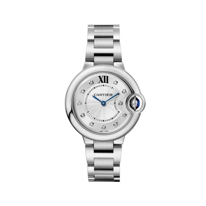 Ballon Bleu de Cartier watch, 33 mm, quartz movement. Steel case, fluted crown set with a synthetic cabochon spinel. 12-zone flinqué dial, silvered lacquered sunray effect, set with 11 brilliant-cut diamonds totaling 0.05 carat. Blued-steel