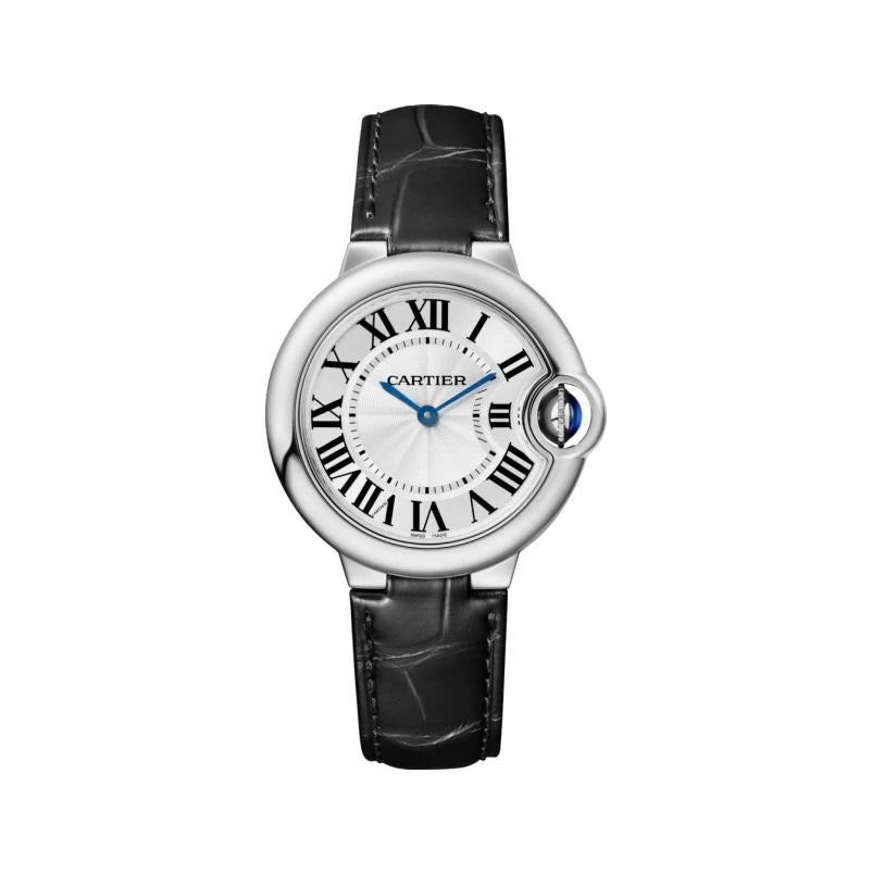 Ballon Bleu de Cartier watch, 33 mm, quartz movement. Steel case, fluted crown set with a synthetic cabochon-shaped spinel, silvered guilloché and lacquered dial, Roman numerals, blued-steel sword-shaped hands, sapphire crystal, alligator leather