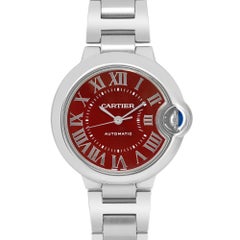 Rare Cartier Ballon Bleu 33mm Red Dial Steel Ladies Automatic Watch 3489