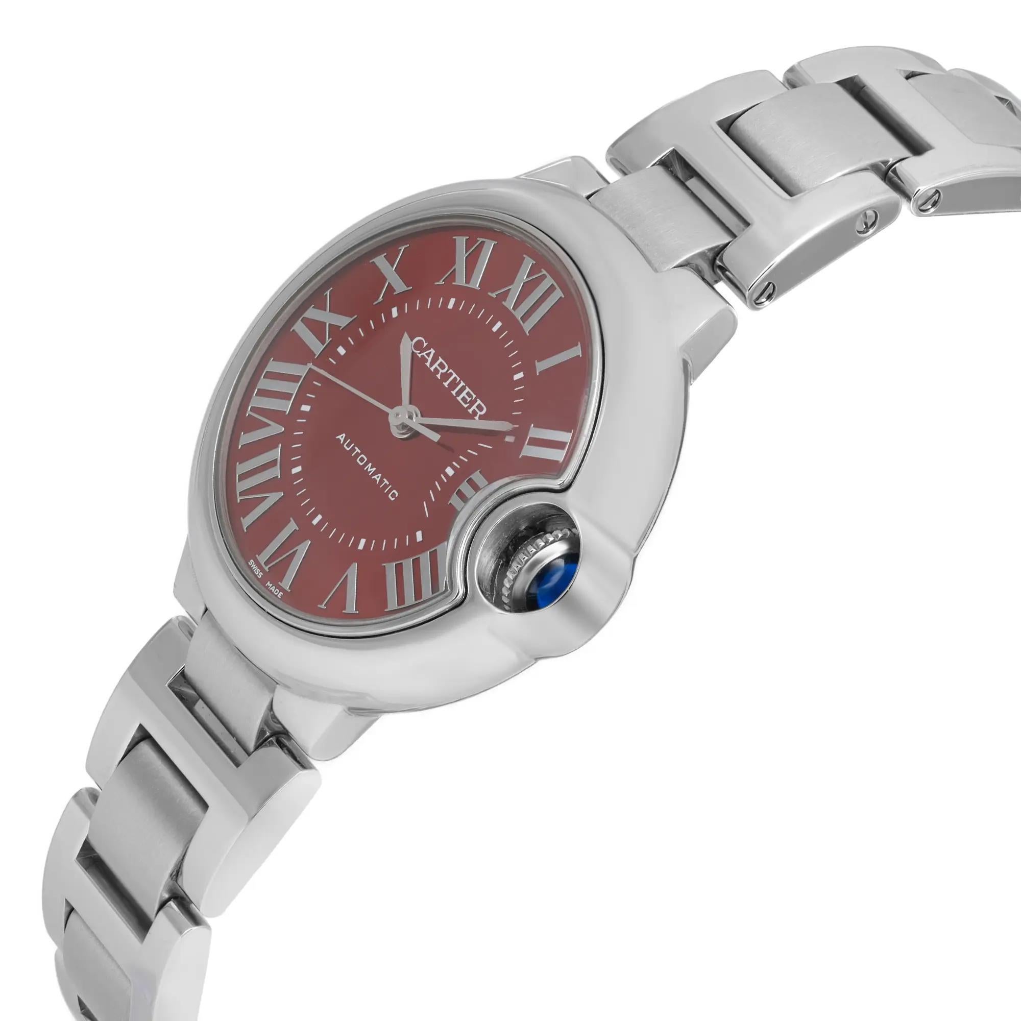 Rare Cartier Ballon Bleu 33mm Red Dial Steel Ladies Automatic Watch 3489 Excellent état - En vente à New York, NY