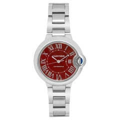 Rare Cartier Ballon Bleu 33mm Red Dial Steel Ladies Automatic Watch 3489
