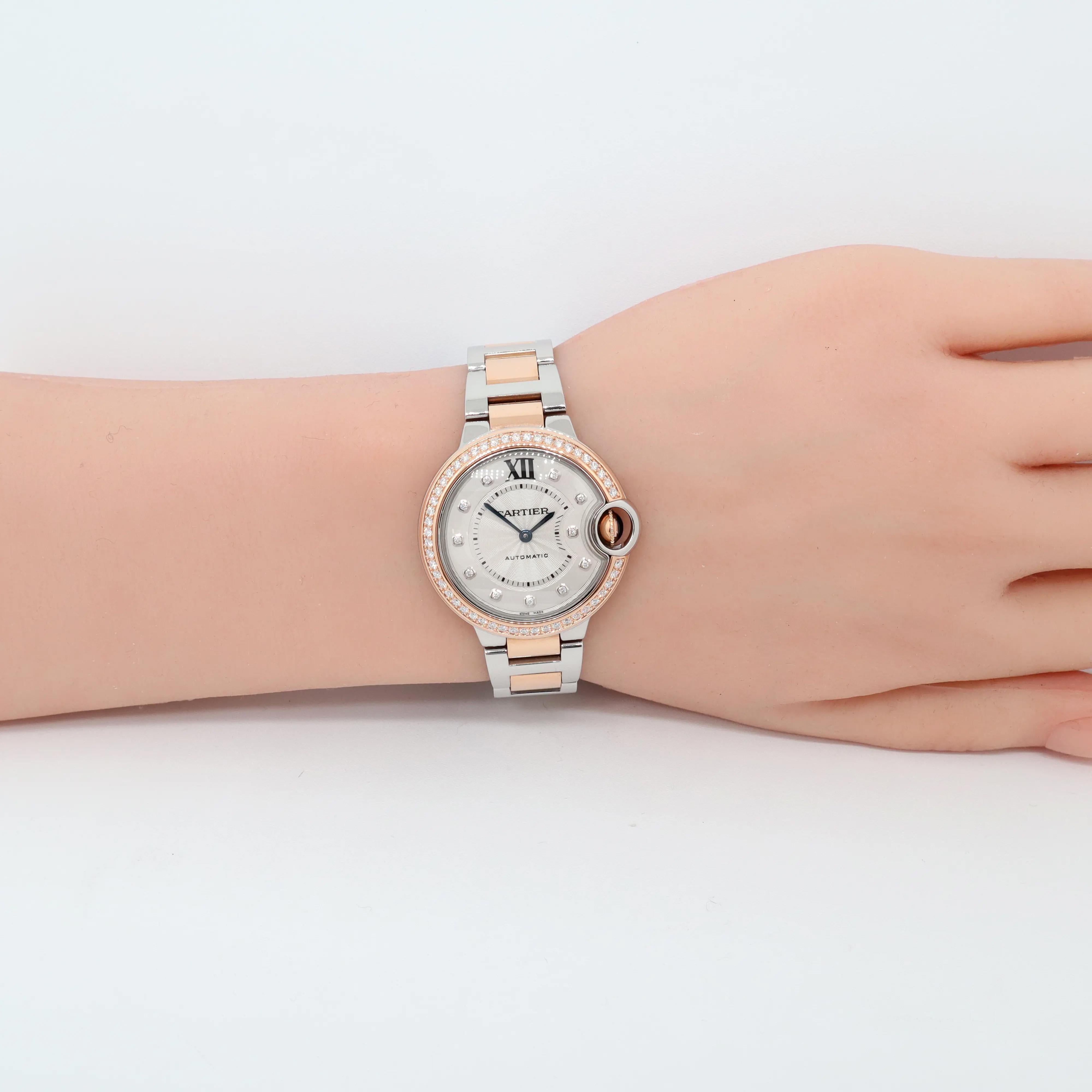 Cartier Ballon Bleu 33mm Roségold Stahl Diamant MOP Zifferblatt Uhr WE902077 2