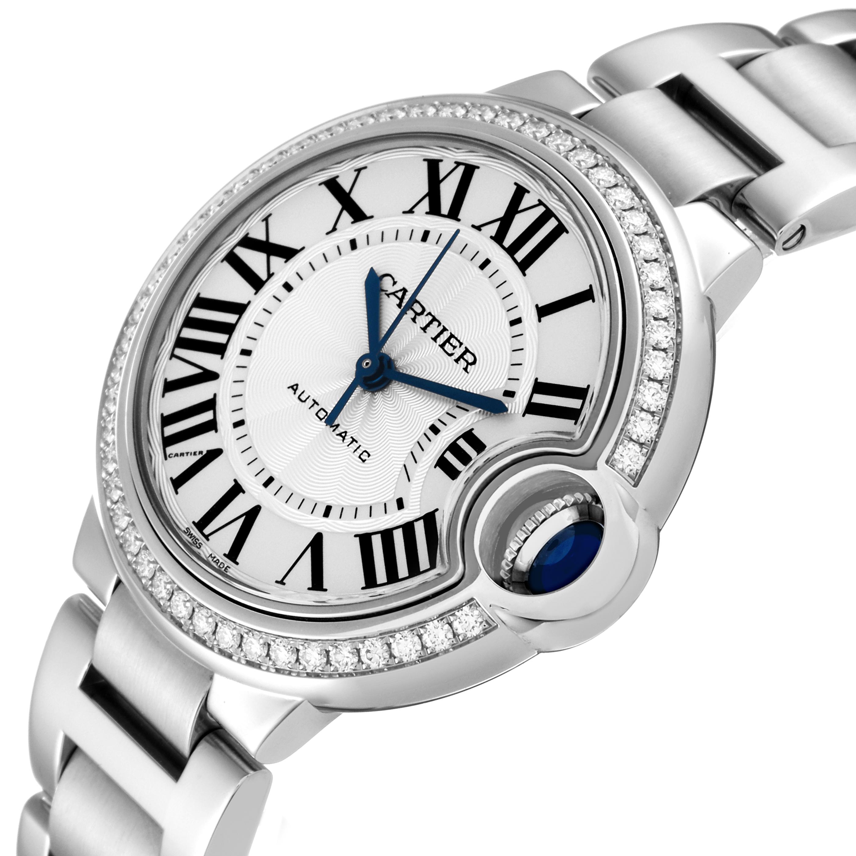 Cartier Ballon Bleu 33mm Steel Diamond Bezel Ladies Watch W4BB0016 Papers. Automatic self-winding movement. Stainless steel case 33.0 mm in diameter. Fluted crown set with a blue spinel cabochon. Original Cartier factory diamond bezel. Scratch