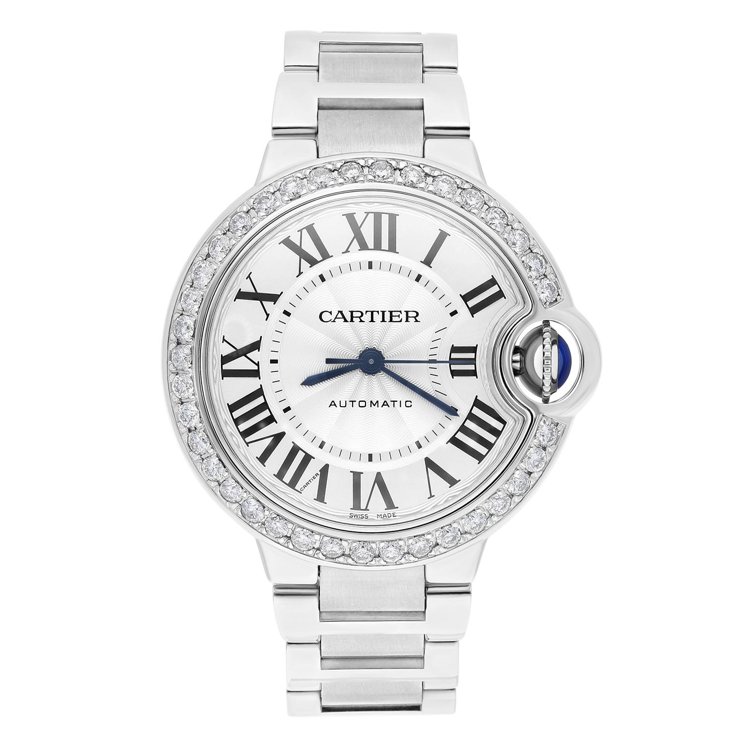Elevate your style with this Cartier Ballon Bleu 33mm women's wristwatch, featuring a stunning silver face. With custom set natural diamonds this luxury watch is sure to turn heads. Sale comes with a jewelry box, appraisal certificate and our