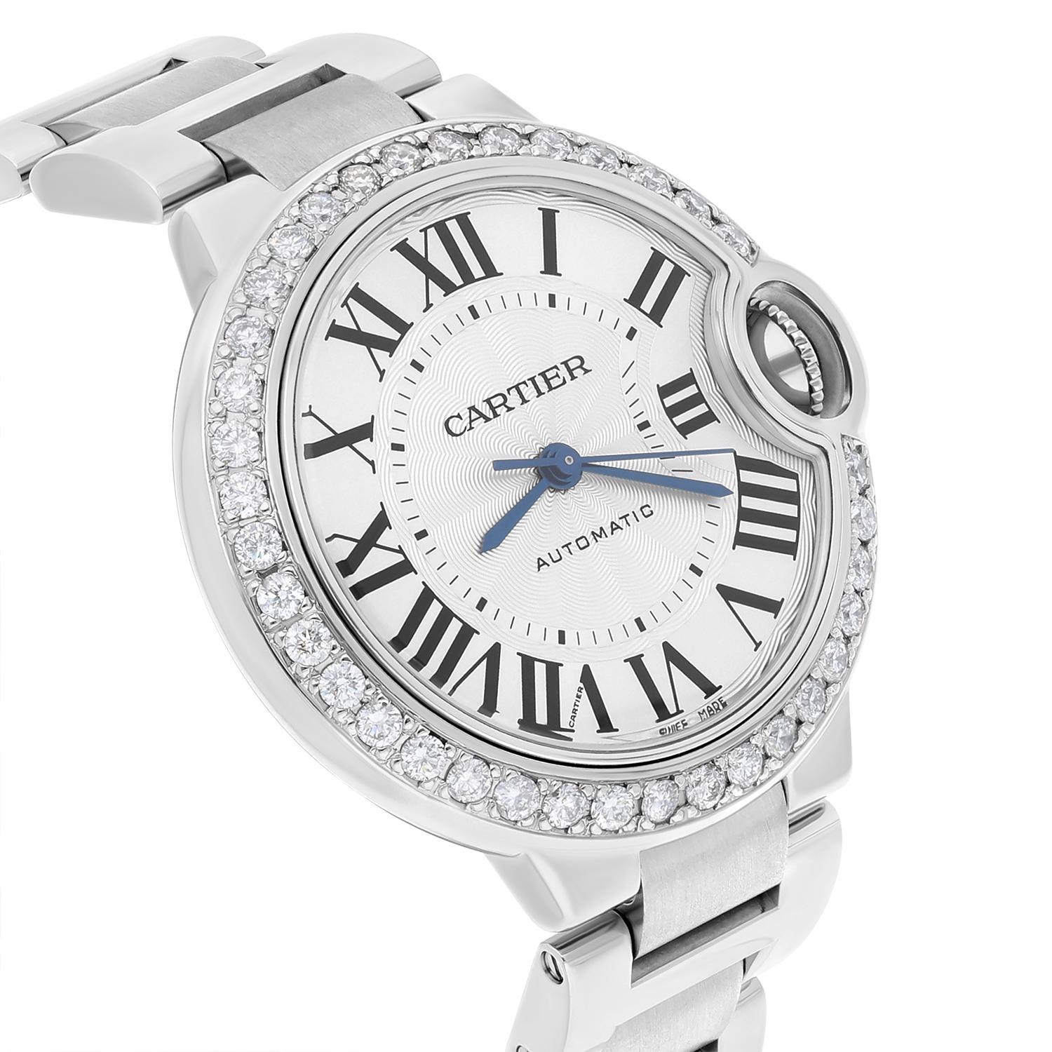 Cartier Ballon Bleu 33mm Women's Watch W6920071 with Diamond Bezel In Excellent Condition In New York, NY