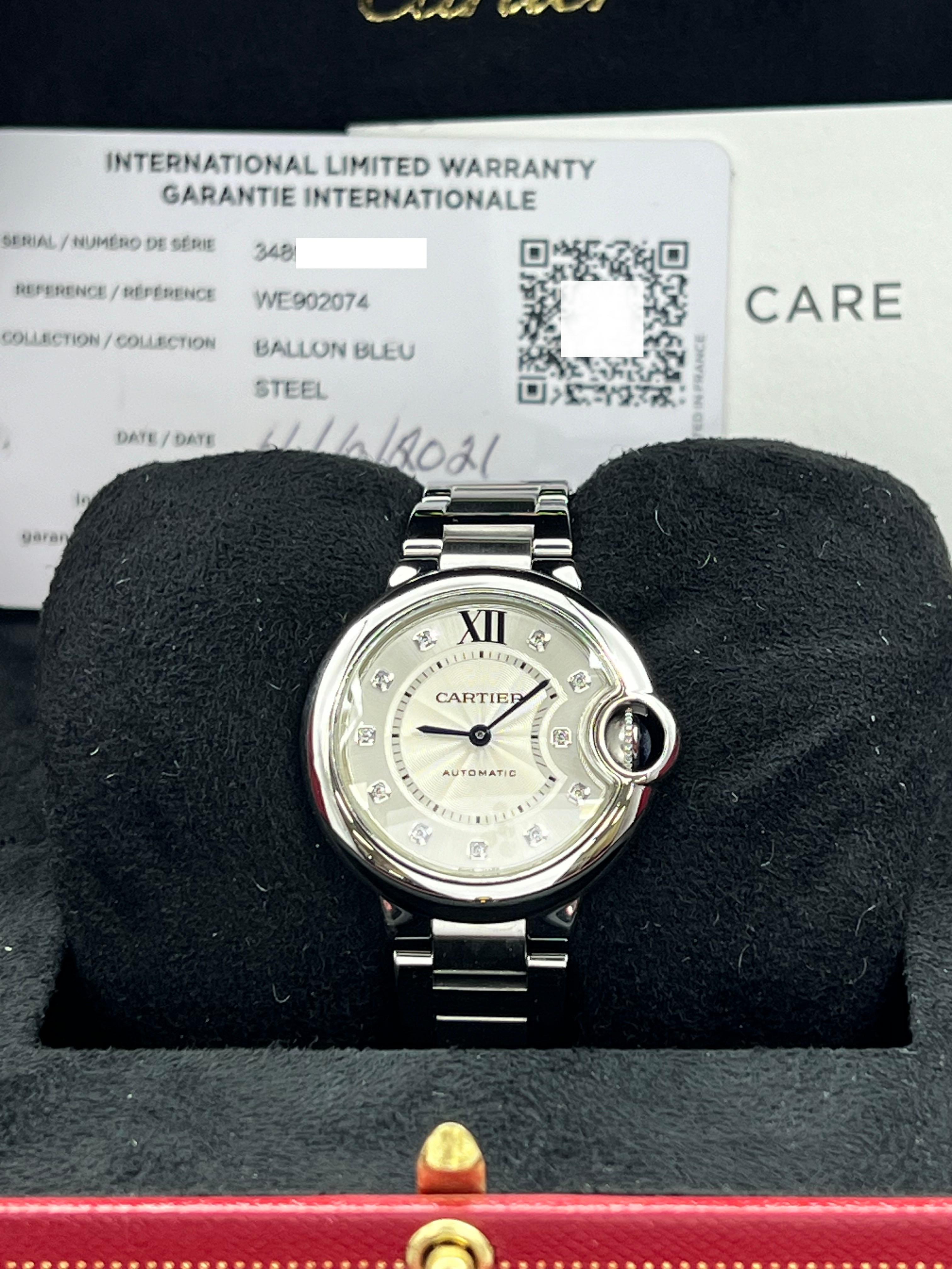 Style Number: 3489 / WE902074
Year: 2021
Model: Cartier Ballon Bleu 
Case Material: Stainless Steel 
Band:  Stainless Steel 
Bezel:   Stainless Steel 
Dial: Opaline Silver Diamond Dial 
Face: Sapphire Crystal 
Case Size: 33mm 
Includes: 
-Cartier