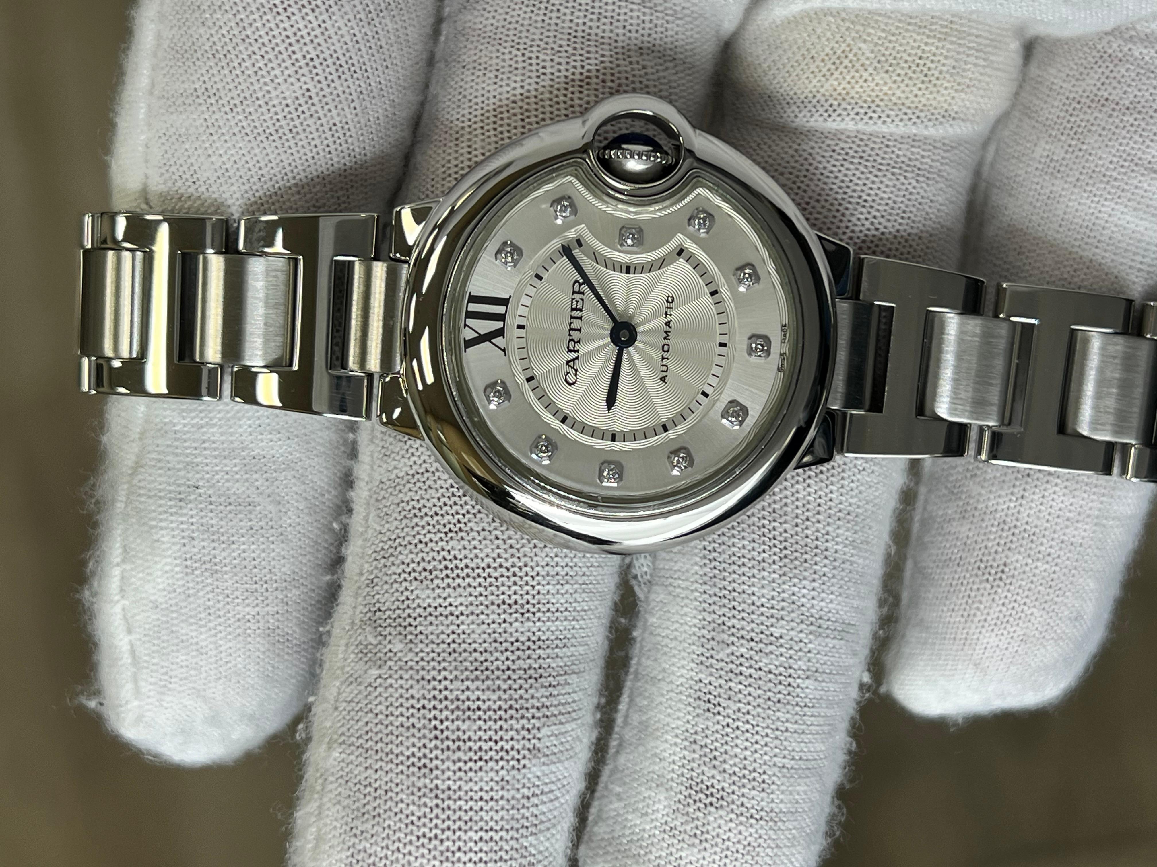 Women's or Men's Cartier Ballon Bleu 3489 WE902074 Midsize 33mm Diamond Dial Steel Box Paper For Sale