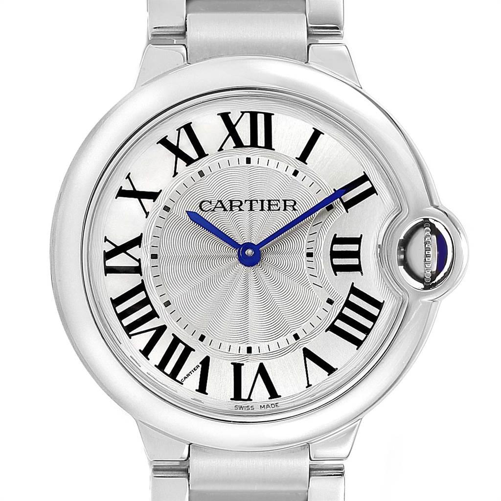 Cartier Ballon Bleu 36 Midsize Silver Guilloche Dial Watch W69011Z4. Quartz movement. Round stainless steel case 36.6 mm in diameter. Fluted crown set with the blue spinel cabochon. Stainless steel smooth bezel. Scratch resistant sapphire crystal.