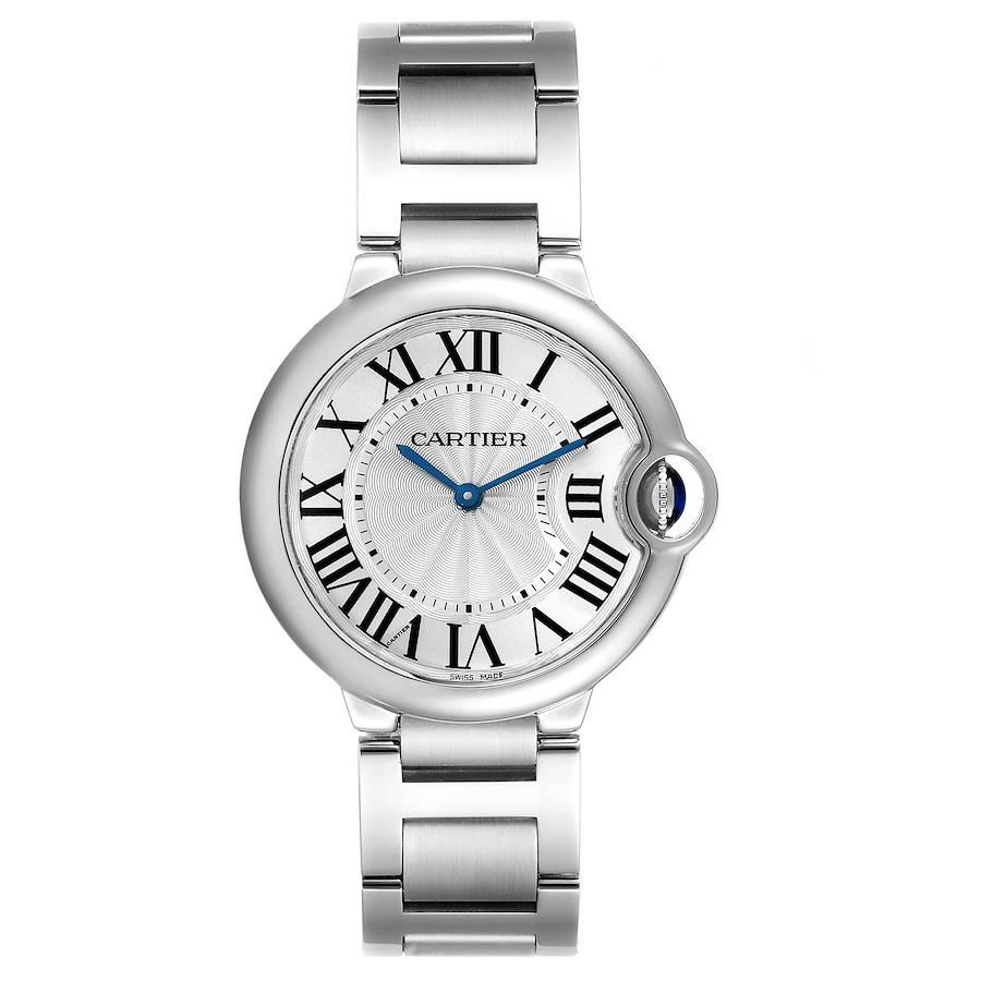 Cartier Ballon Bleu 36 Midsize Silver Guilloche Dial Watch W69011Z4. Quartz movement. Round stainless steel case 36.6 mm in diameter. Fluted crown set with the blue spinel cabochon. Stainless steel smooth bezel. Scratch resistant sapphire crystal.