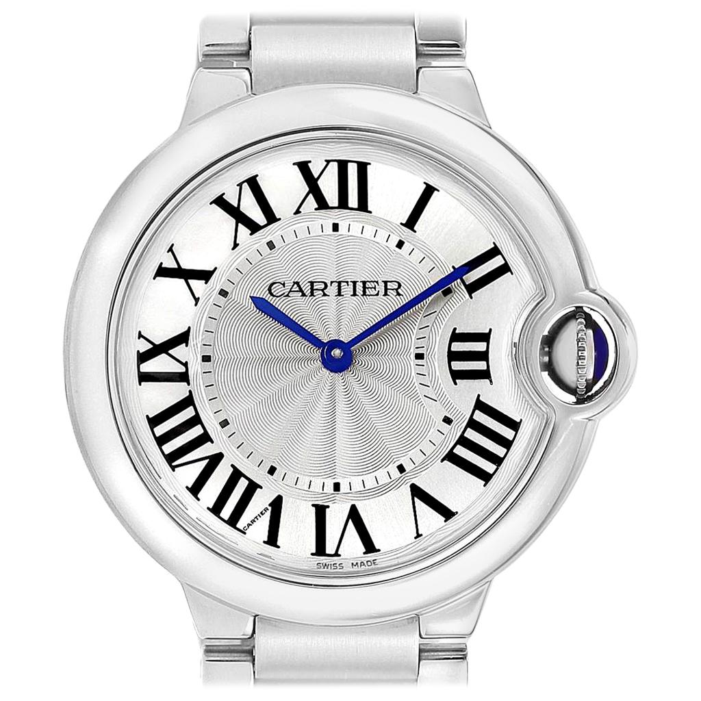 Cartier Ballon Bleu 36 Midsize Silver Guilloche Dial Watch W69011Z4 For Sale