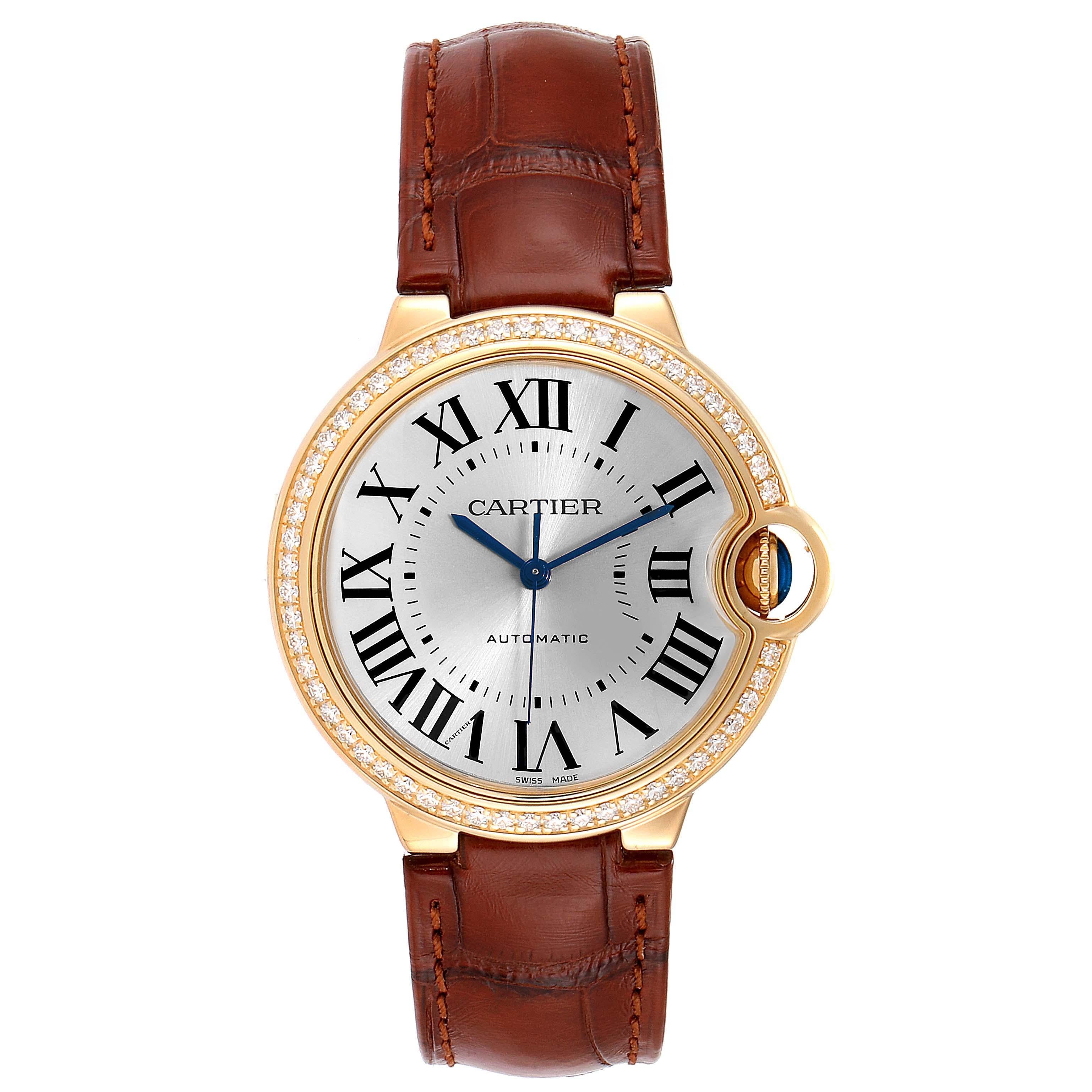 Cartier Ballon Bleu 36 Midsize Yellow Gold Diamond Watch WE900451 Unworn. Automatic self-winding movement. Round yellow gold case 36.0 mm in diameter. Fluted crown set with the blue sapphire cabochon. Original Cartier factory 54 brilliant-cut