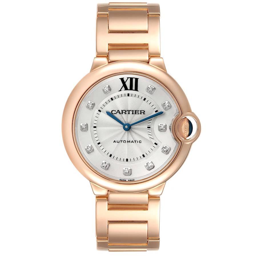 Cartier Ballon Bleu 36 Rose Gold Diamond Ladies Watch WE902026. Automatic self-winding movement. Caliber 076. Round 18K rose gold case 36mm in diameter. Fluted crown set with the blue sapphire cabochon. 18K rose gold smooth bezel. Scratch resistant