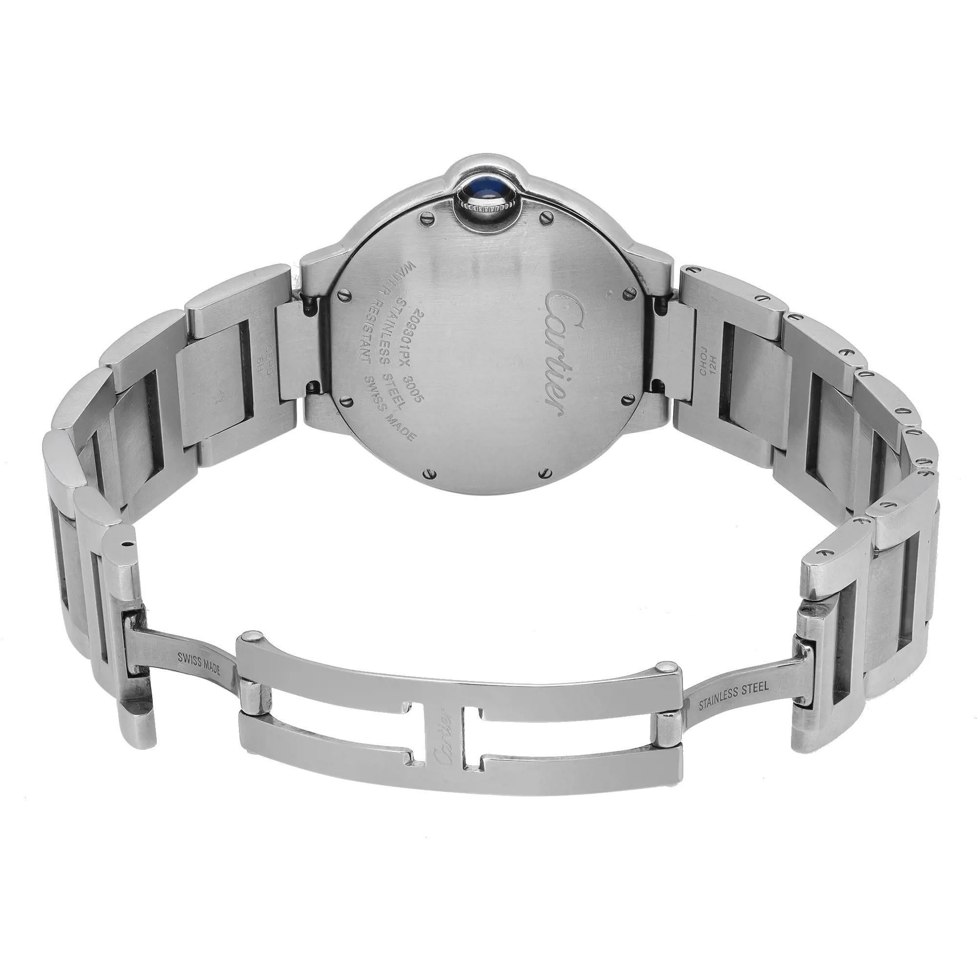 Cartier Ballon Bleu 36 Silver Guilloche Roman Dial Quartz Unisex Watch W69011Z4 In Excellent Condition For Sale In New York, NY