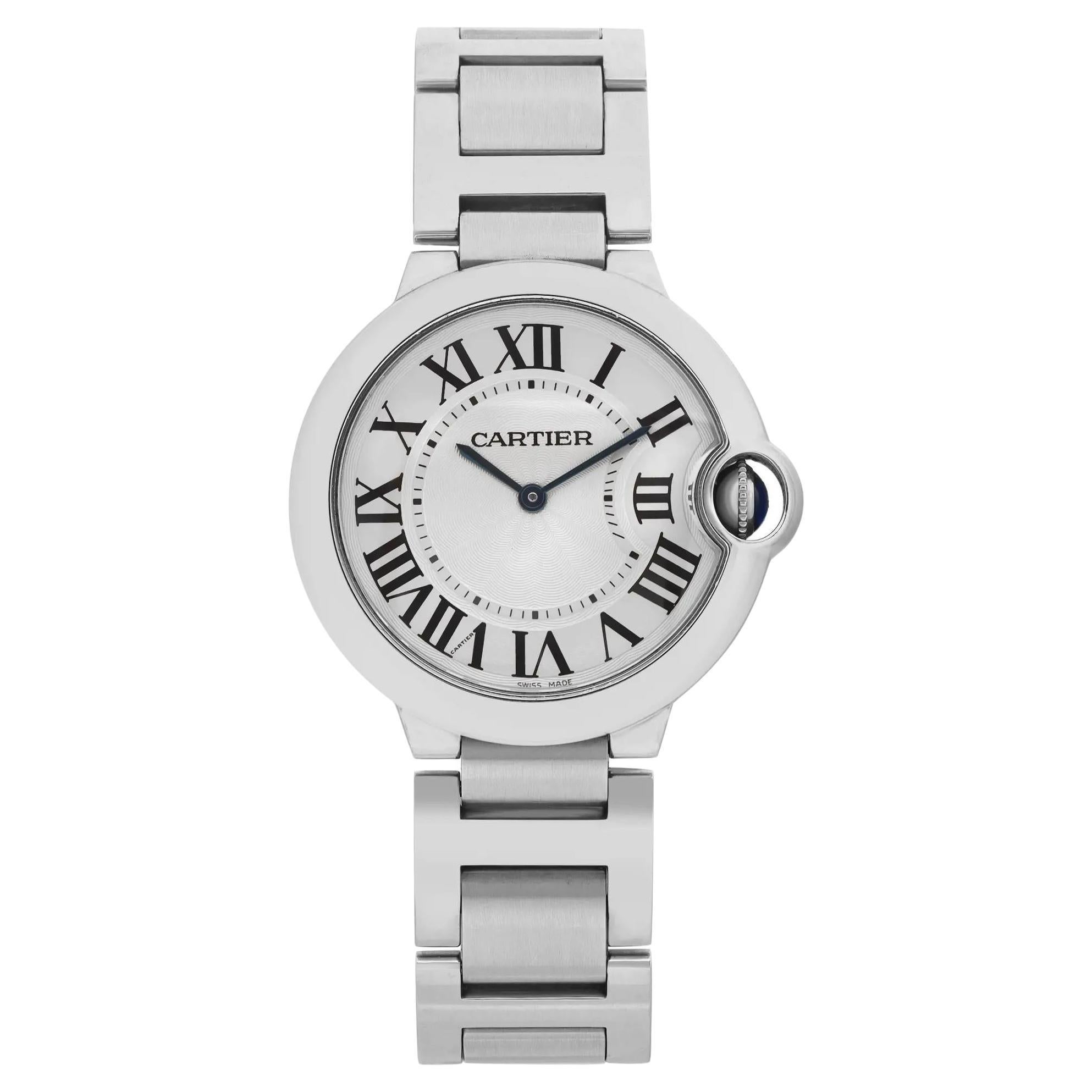 Cartier Ballon Bleu 36 Silver Guilloche Roman Dial Quartz Unisex Watch W69011Z4 For Sale