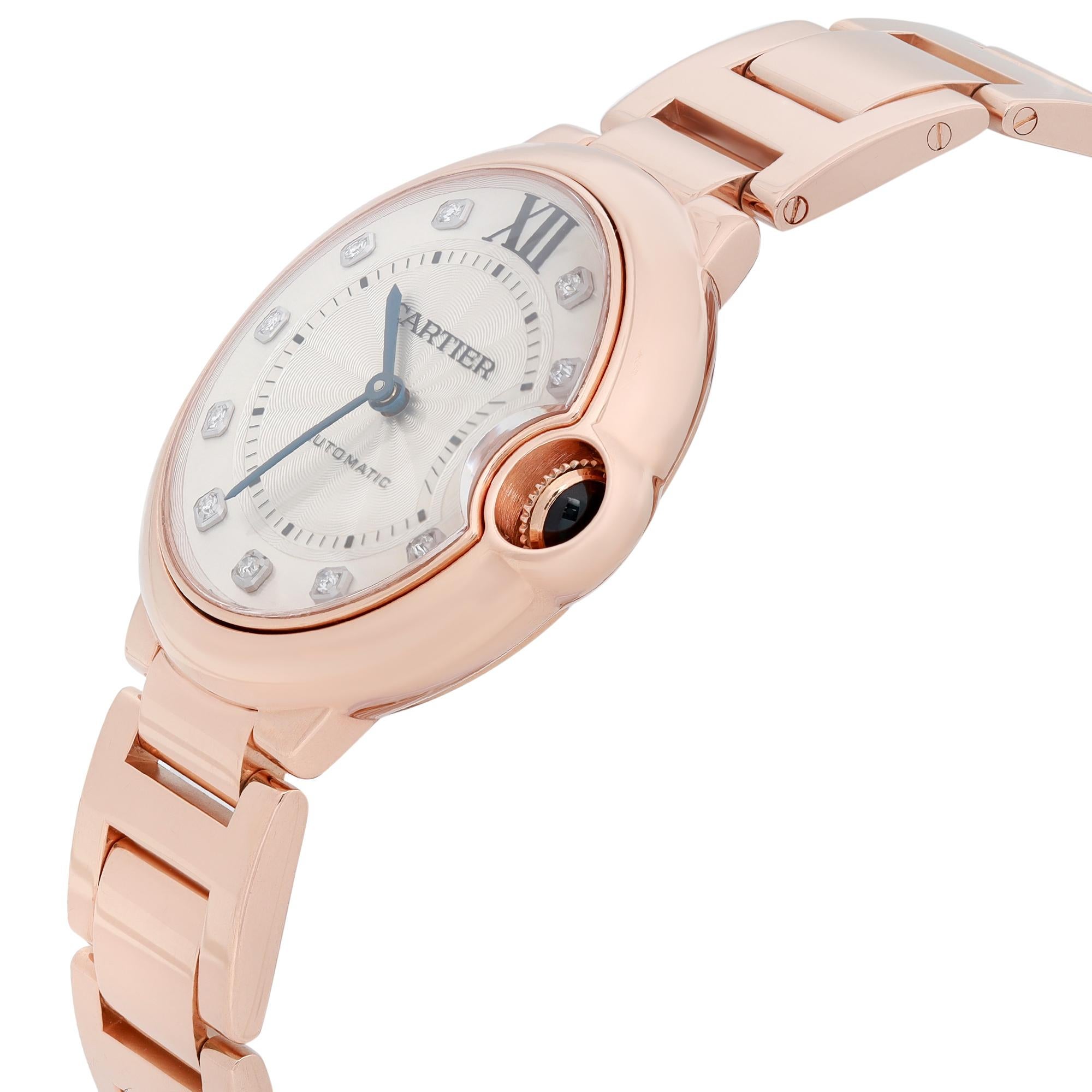 Reloj Cartier Ballon Bleu 36 mm Oro rosa 18 quilates Diamante Esfera plateada Mujer WE902026 en Excelente estado para la venta en New York, NY