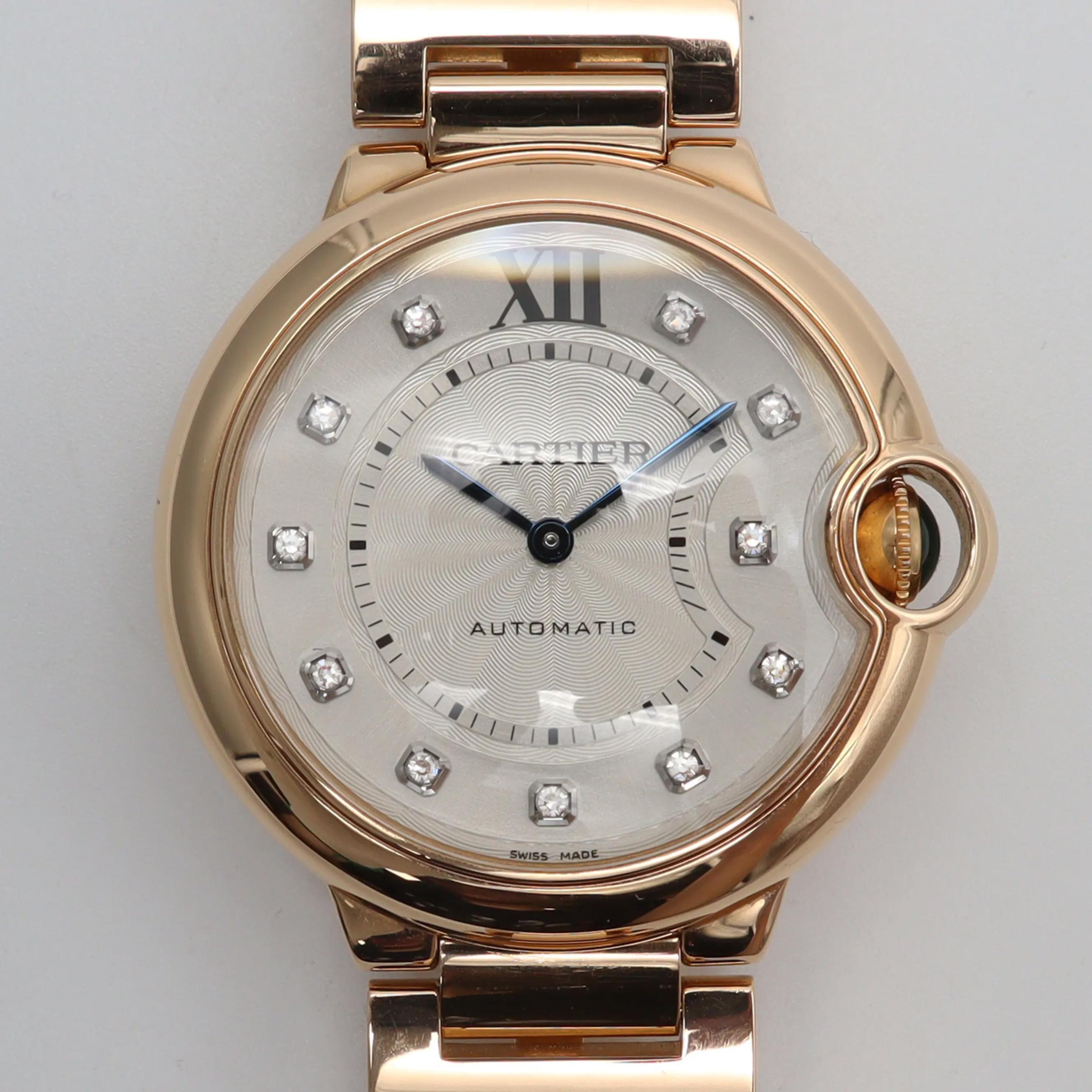 Reloj Cartier Ballon Bleu 36 mm Oro rosa 18 quilates Diamante Esfera plateada Mujer WE902026 en venta 1
