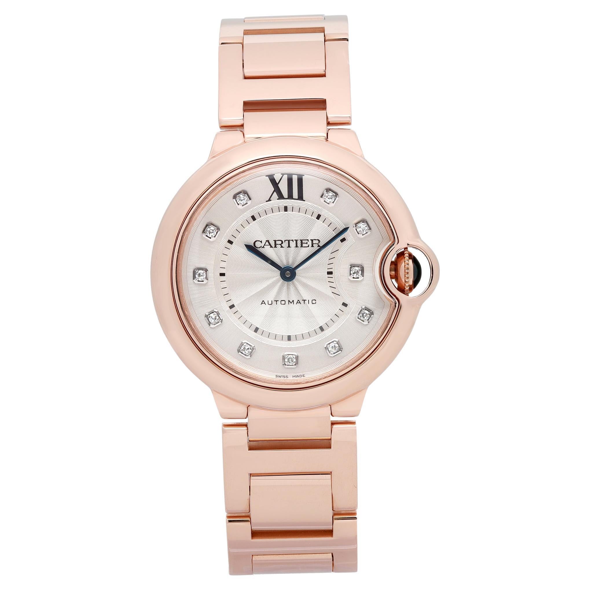 Cartier Ballon Bleu 36mm 18K Rose Gold Diamond Silver Dial Ladies Watch WE902026