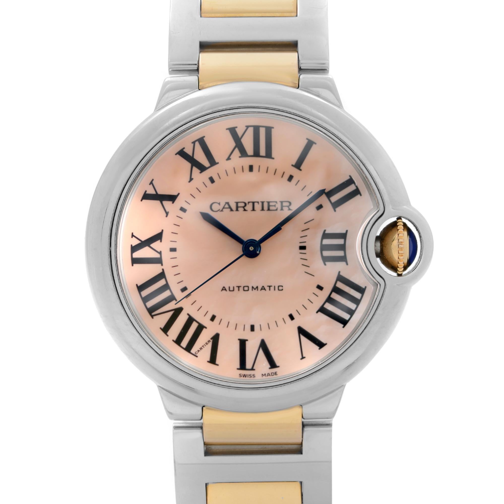 Pre-Owned Cartier Ballon Bleu 36mm Rose Gold Stainless Steel Pink Mother of Pearl Dial Ladies Automatic Watch W6920033. The Watch is empowered by an Automatic Movement. This Beautiful Timepiece Features: Polished Stainless Steel Case and Crown