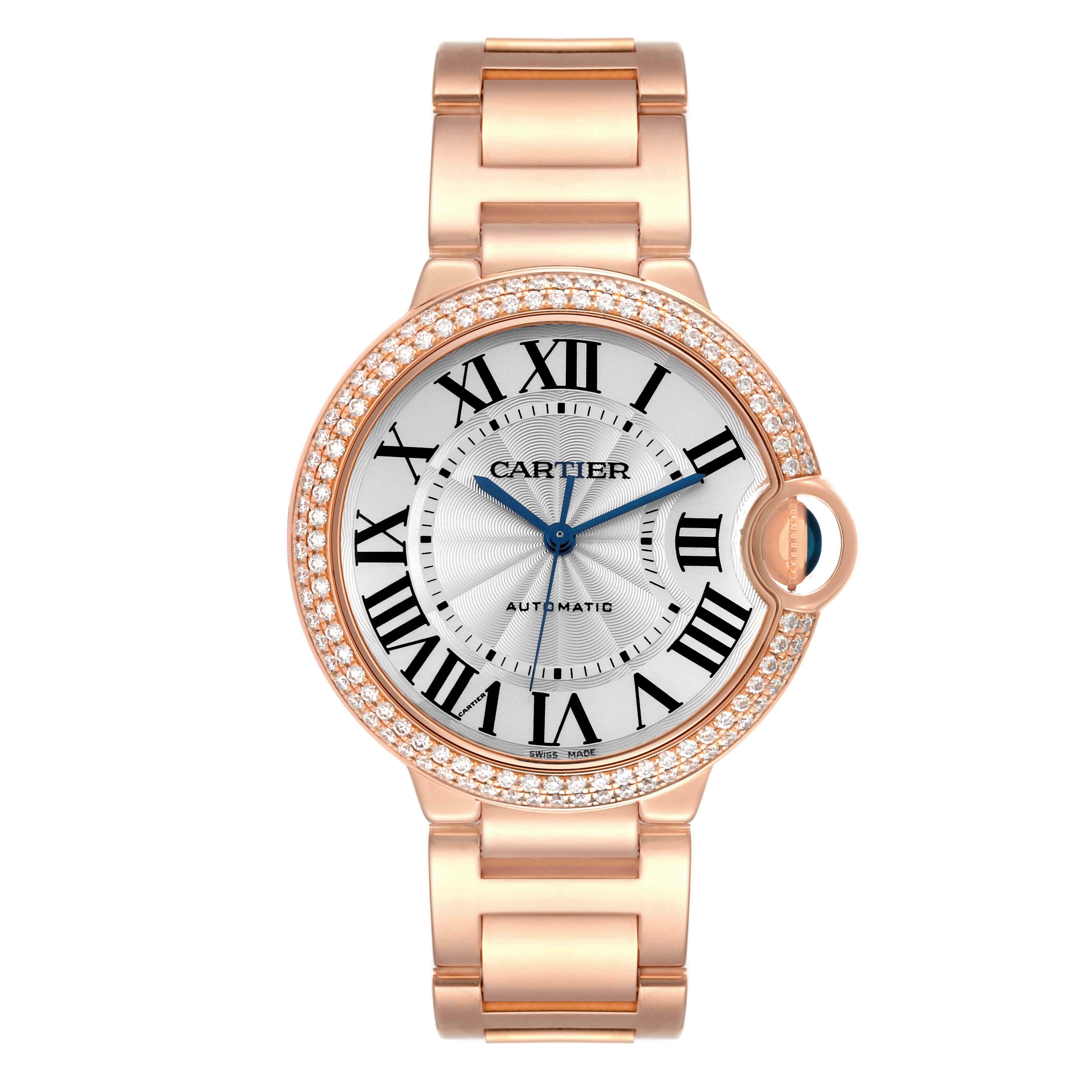 Cartier Ballon Bleu 36mm Automatic Rose Gold Diamond Mens Watch WE9005Z3. Automatic self-winding movement. 18K rose gold case 36.6 mm in diameter, 12.05 mm thick. Fluted crown set with the blue sapphire cabochon. 18K rose gold original Cartier