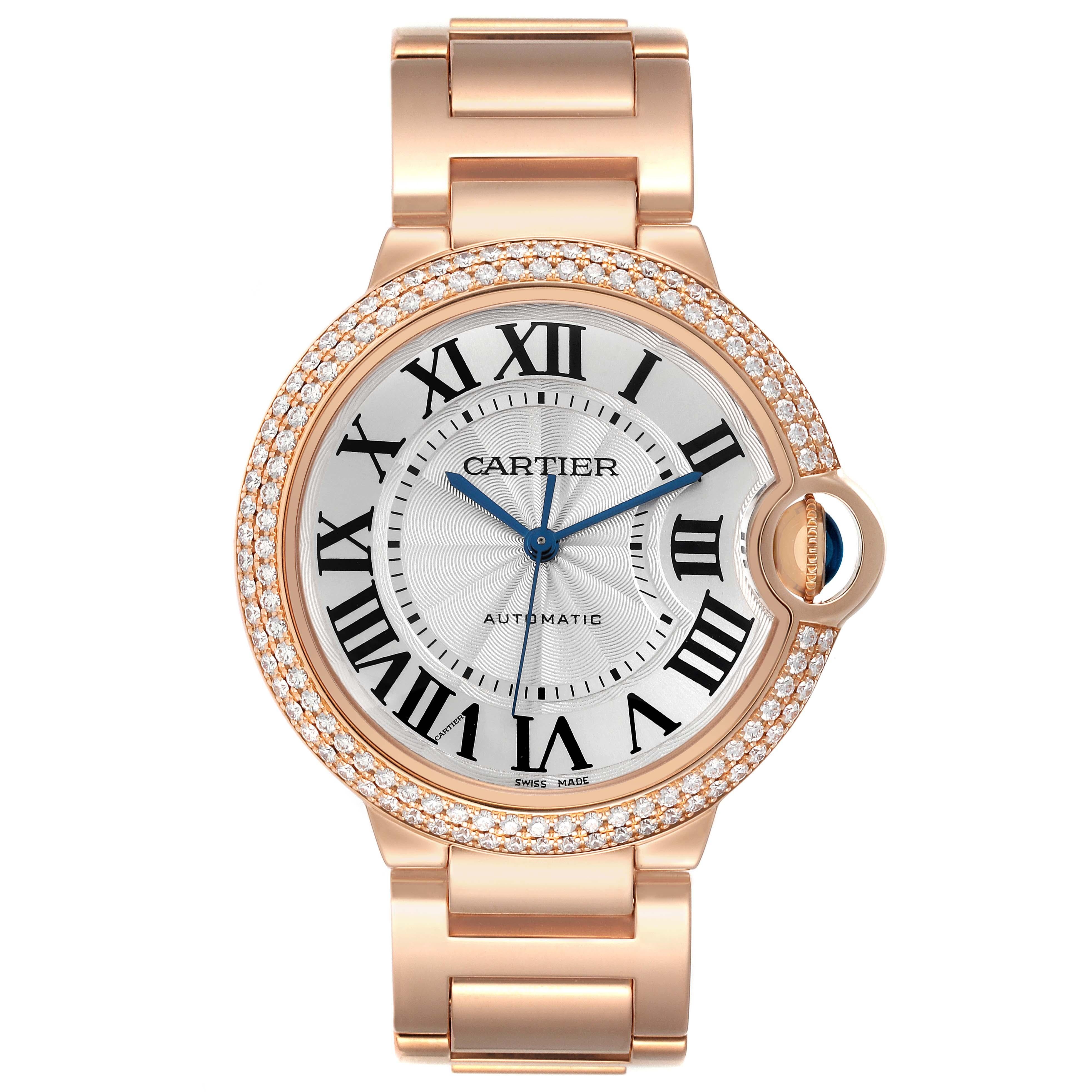 Cartier Ballon Bleu 36mm Automatic Rose Gold Diamond Mens Watch WE9005Z3. Automatic self-winding movement. 18K rose gold case 36.6 mm in diameter, 12.05 mm thick. Fluted crown set with the blue sapphire cabochon. 18K rose gold original Cartier