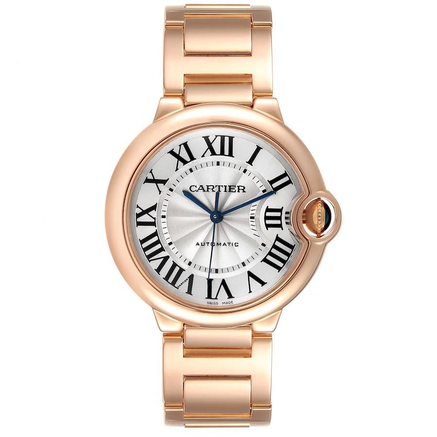 Cartier Ballon Bleu 36mm Automatic Rose Gold Ladies Watch WGBB0043. Automatic self-winding movement. 18K rose gold case 36.6 mm in diameter, 12.05 mm thick. Fluted crown set with the blue sapphire cabochon. 18K rose gold smooth bezel. Scratch