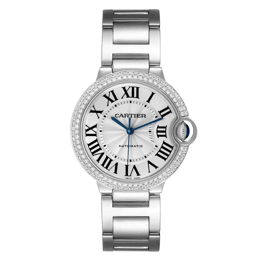Cartier Ballon Bleu 36mm Automatic White Gold Diamond Watch WE9006Z3 Box Card. Automatic self-winding movement. 18K white gold case 36.5 mm in diameter, 12.1 mm thick. Fluted crown set with the blue sapphire cabochon. 18K white gold Cartier factory