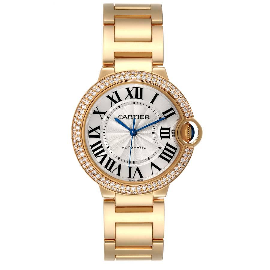 Cartier Ballon Bleu 36mm Automatic Yellow Gold Diamond Watch WE9004Z3 Box Papers. Automatic self-winding movement. 18K yellow gold case 36 mm in diameter, 12.05 mm thick. Fluted crown set with a blue sapphire cabochon. 18K yellow gold bezel set with