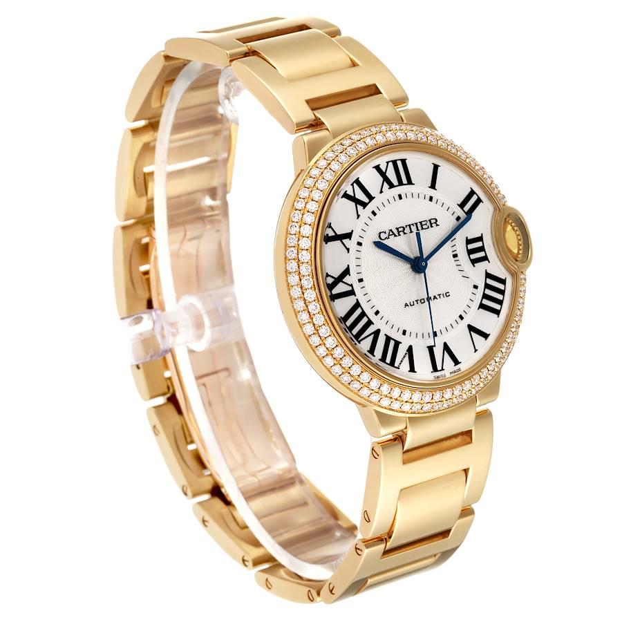 Cartier Ballon Bleu 36mm Automatic Yellow Gold Diamond Watch WE9004Z3 Box Papers In Excellent Condition In Atlanta, GA