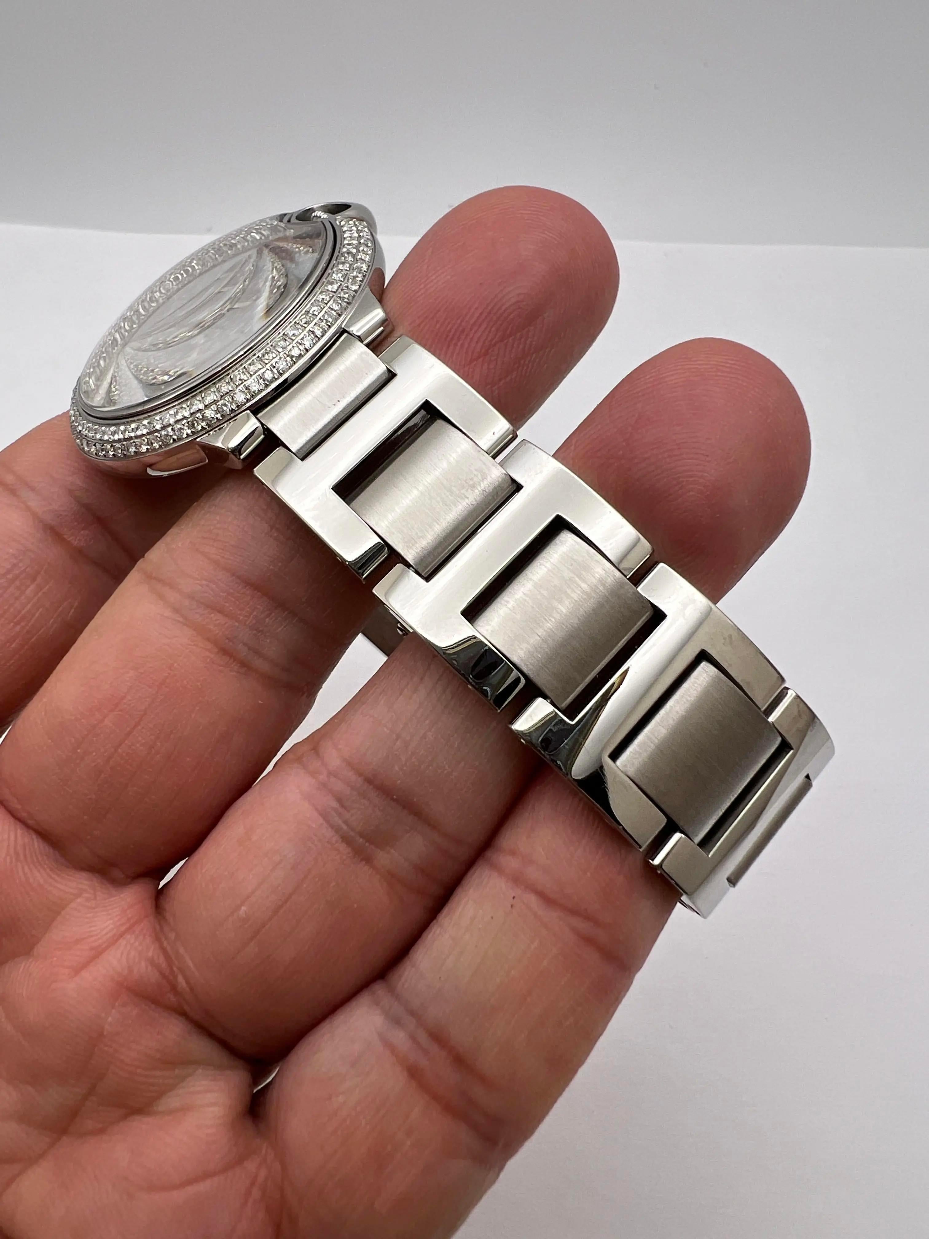 Cartier Ballon Bleu 36mm Lunette diamantée personnalisée et cadran entièrement pavé W6920046 en vente 7