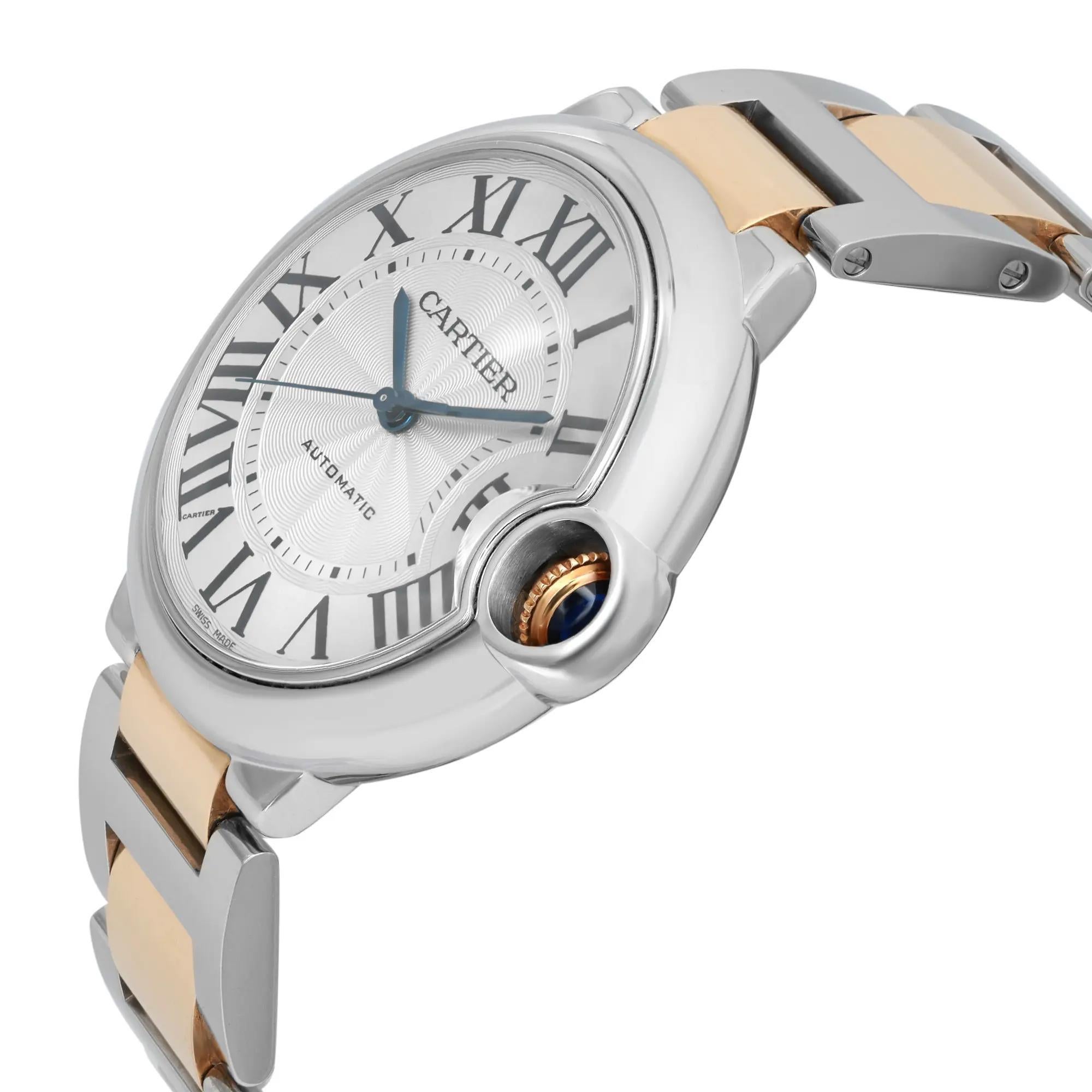 Cartier Ballon Bleu 36MM Gold Steel Silver Dial Automatic Unisex Watch W2BB0012 In Excellent Condition In New York, NY
