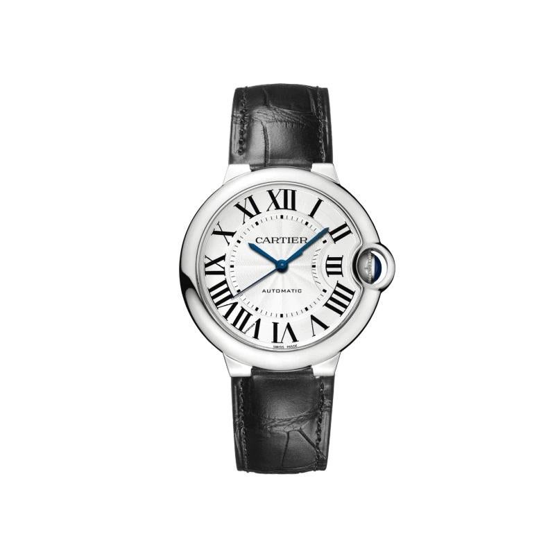 Ballon Bleu de Cartier watch, 36 mm, mechanical movement with automatic winding. Steel case, fluted crown set with a cabochon synthetic spinel. Silver guilloché opaline dial. Blued-steel sword-shaped hands. Sapphire crystal. Black alligator leather