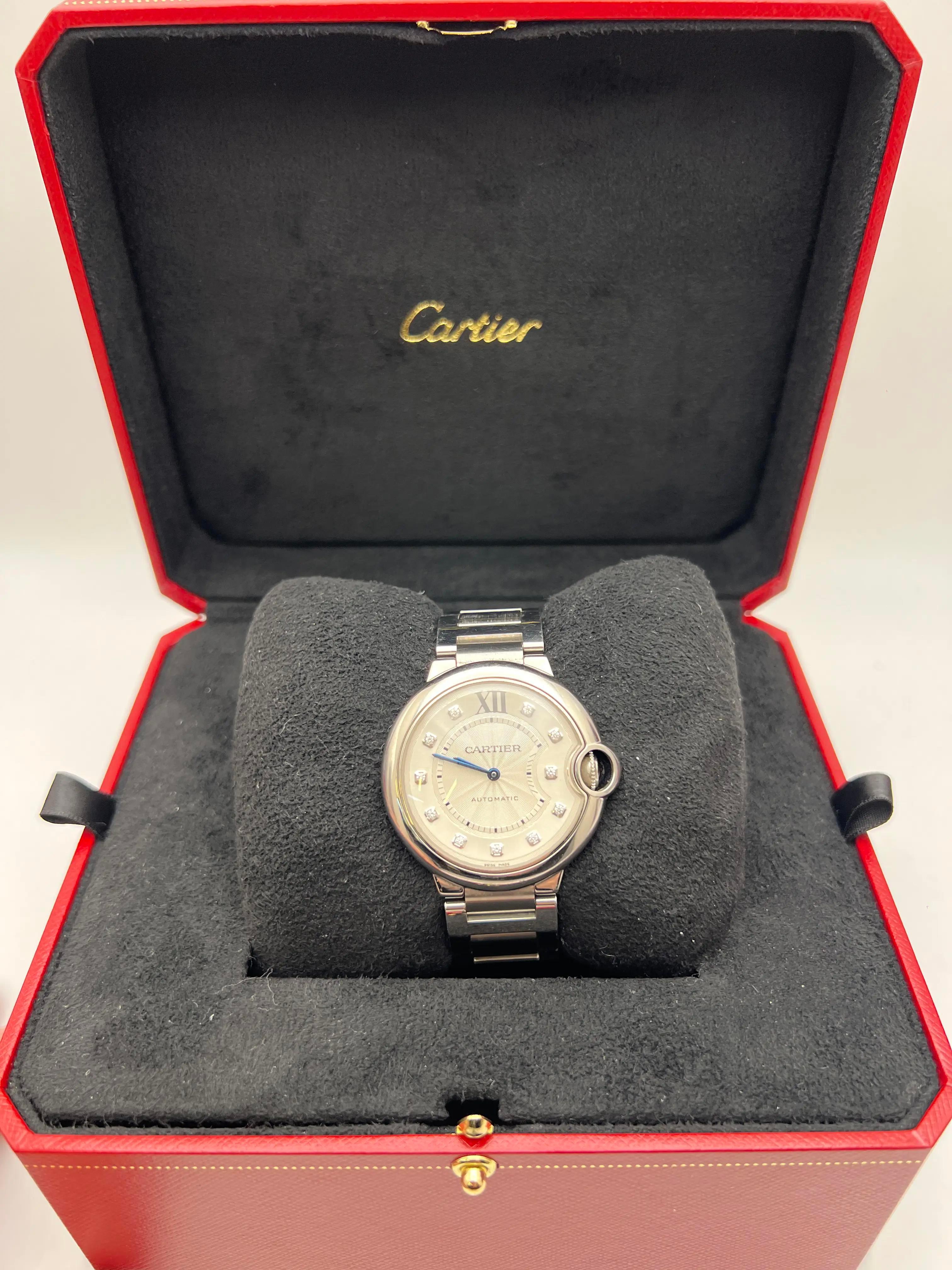 Round Cut Cartier Ballon Bleu 36mm Silver Diamond Dial WE902075 Box Set For Sale