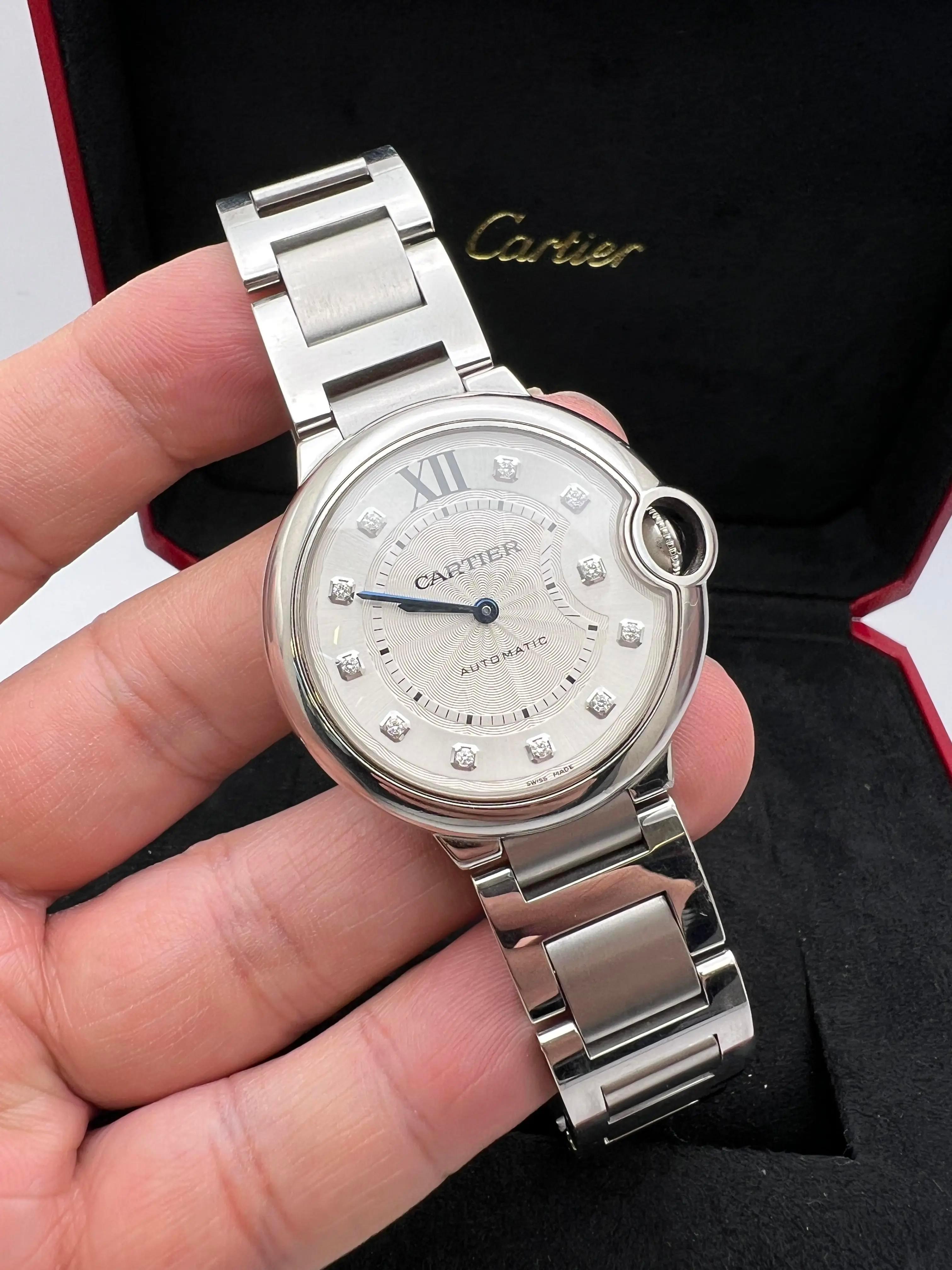 Cartier Ballon Bleu 36mm Silver Diamond Dial WE902075 Box Set In Excellent Condition For Sale In New York, NY