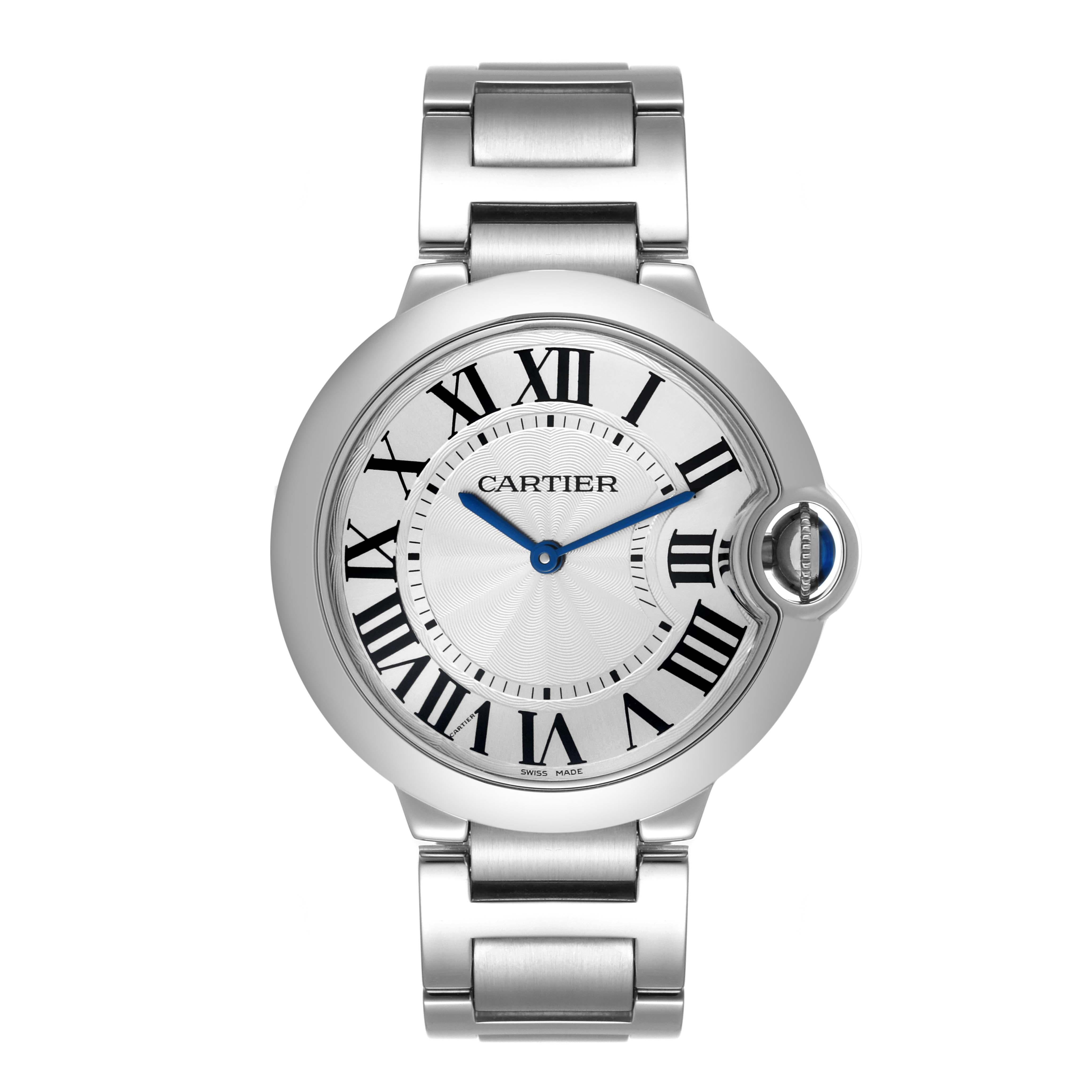 Cartier Ballon Bleu 36mm Silver Guilloche Dial Steel Mens Watch W69011Z4. Quartz movement. Round stainless steel case 36 mm in diameter. Fluted crown set with blue spinel cabochon. Stainless steel smooth bezel. Scratch resistant sapphire crystal.